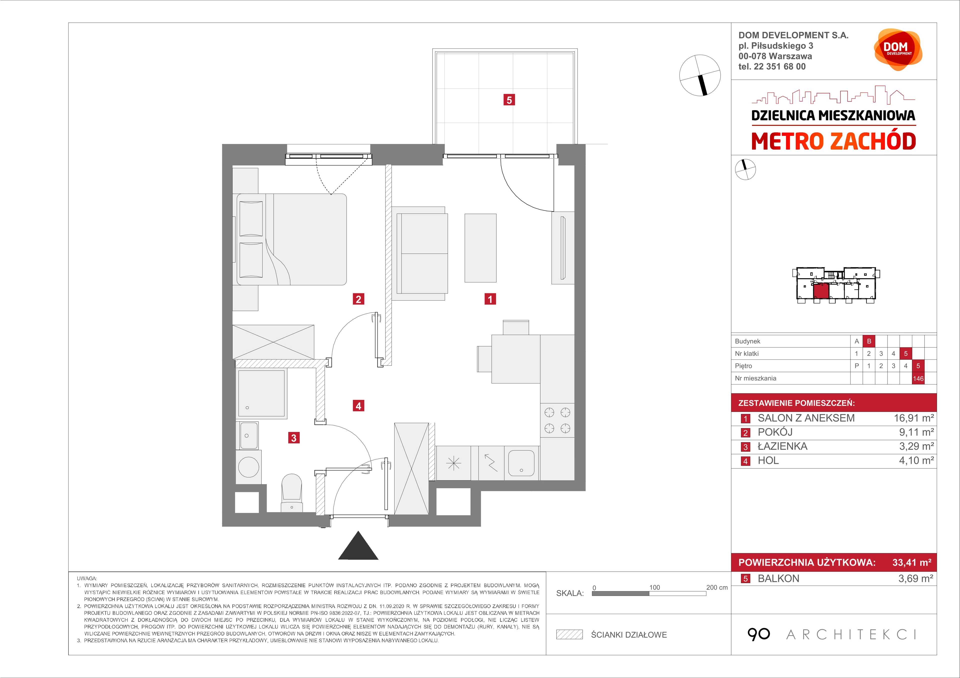 2 pokoje, mieszkanie 33,41 m², piętro 5, oferta nr B/146, Metro Zachód etap 13, Warszawa, Bemowo, Chrzanów, ul. Lazurowa