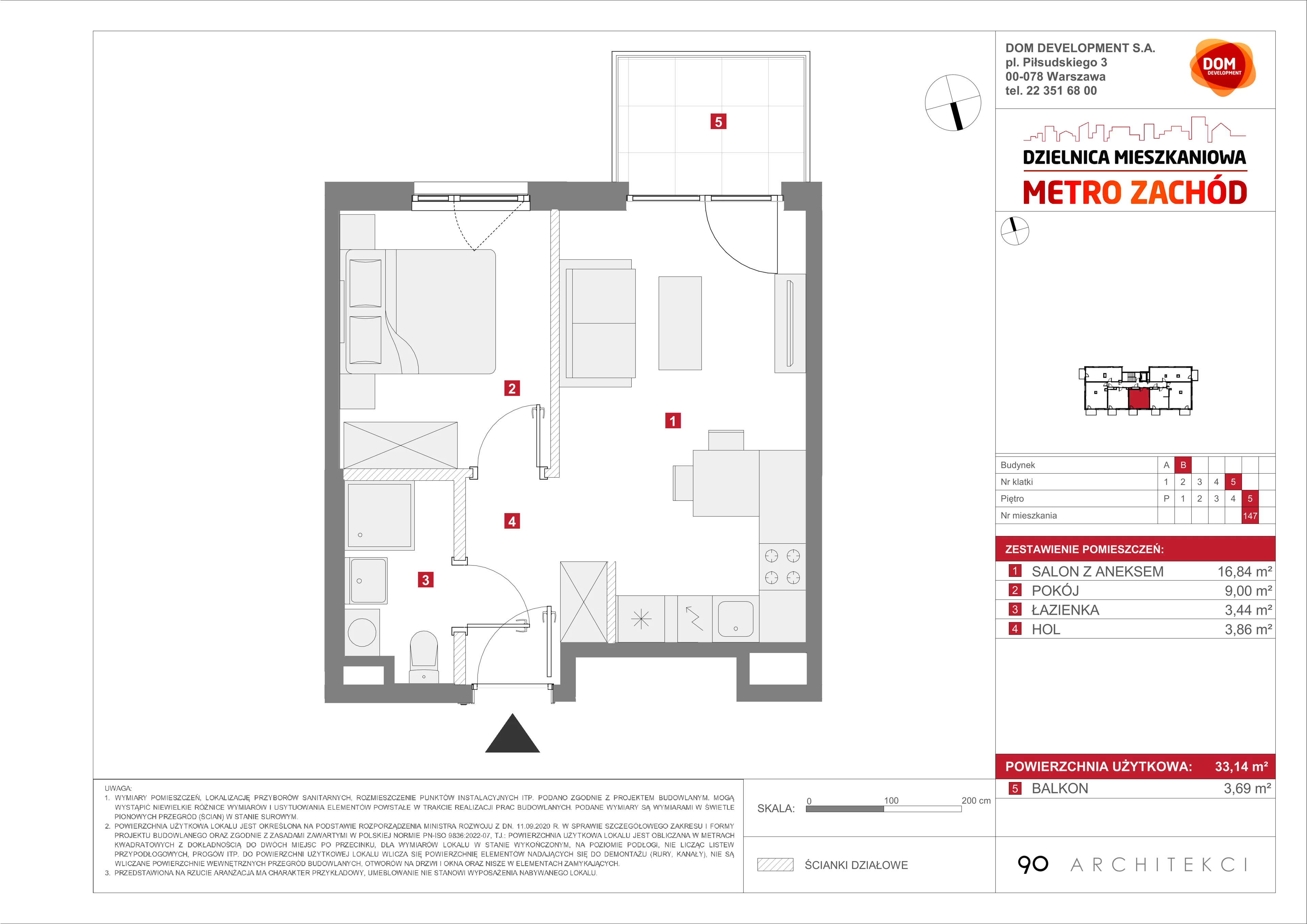 2 pokoje, mieszkanie 33,14 m², piętro 5, oferta nr B/147, Metro Zachód etap 13, Warszawa, Bemowo, Chrzanów, ul. Lazurowa