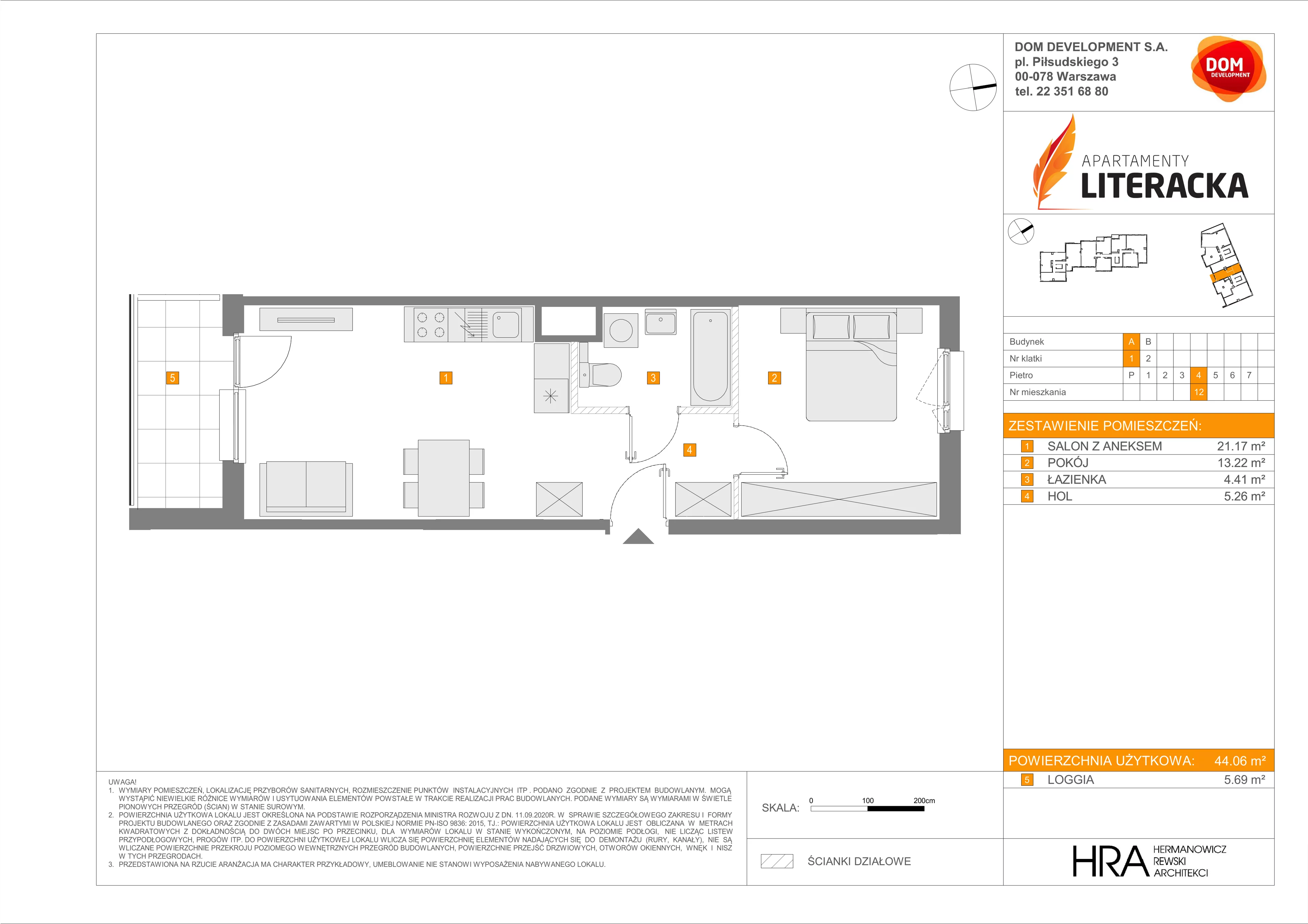 Mieszkanie 44,06 m², piętro 4, oferta nr A/12, Apartamenty Literacka, Warszawa, Bielany, Piaski, ul. Literacka