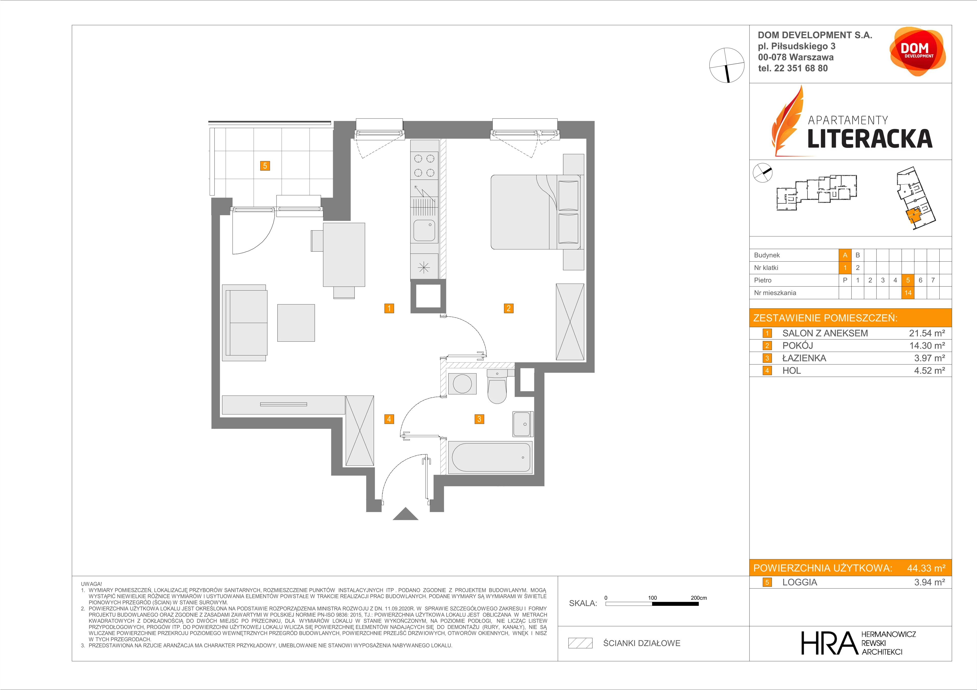 Mieszkanie 44,33 m², piętro 5, oferta nr A/14, Apartamenty Literacka, Warszawa, Bielany, Piaski, ul. Literacka