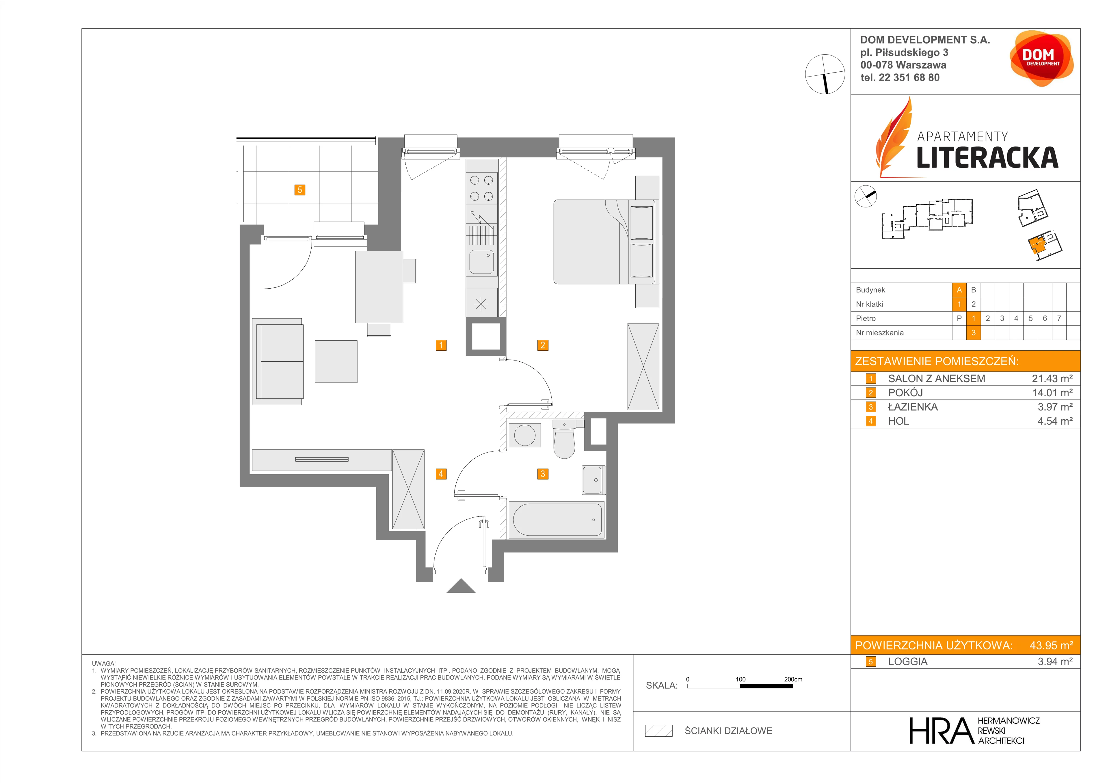 Mieszkanie 43,95 m², piętro 1, oferta nr A/3, Apartamenty Literacka, Warszawa, Bielany, Piaski, ul. Literacka