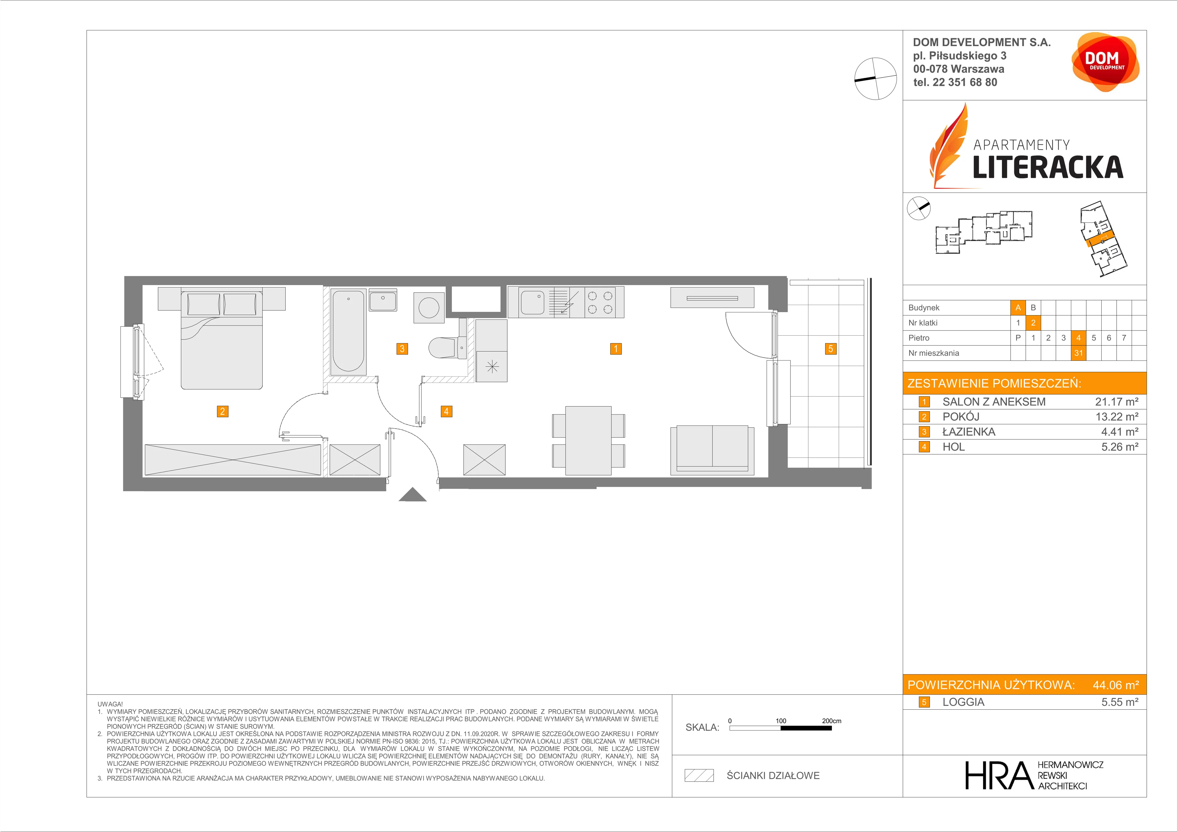 Mieszkanie 44,06 m², piętro 4, oferta nr A/31, Apartamenty Literacka, Warszawa, Bielany, Piaski, ul. Literacka