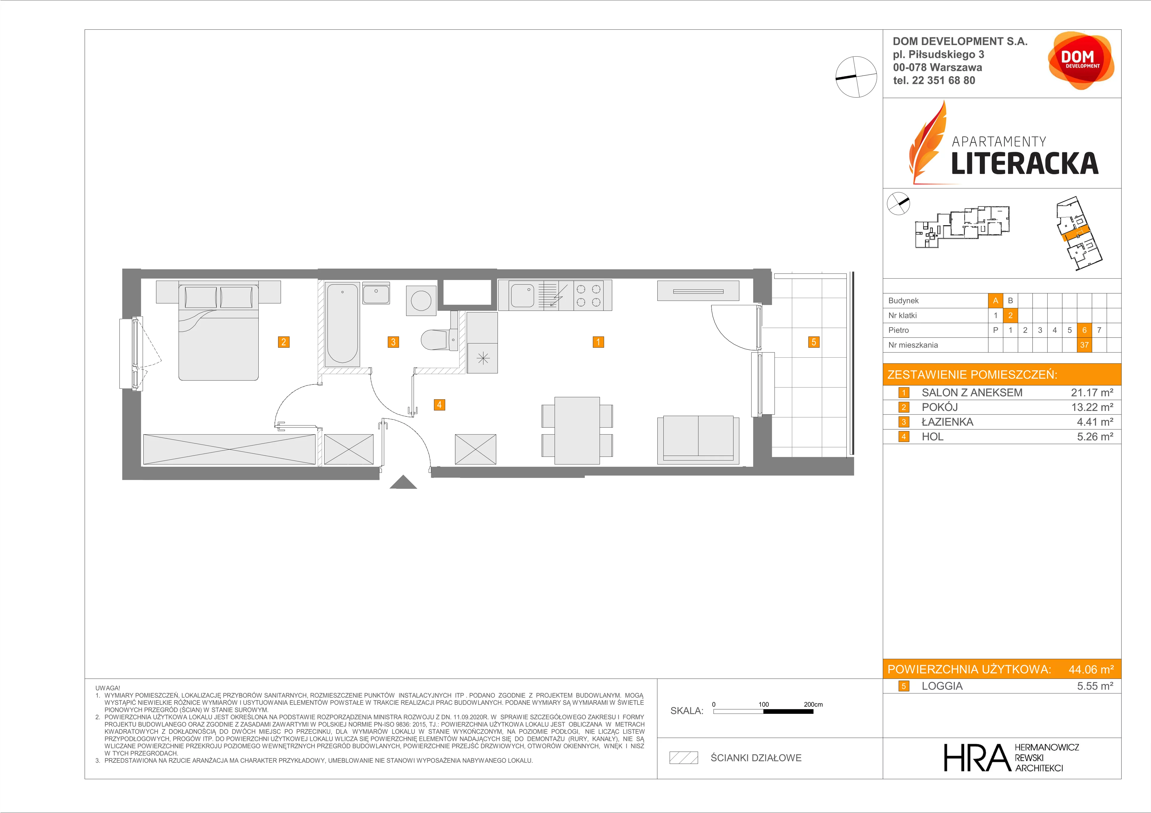 Mieszkanie 44,06 m², piętro 6, oferta nr A/37, Apartamenty Literacka, Warszawa, Bielany, Piaski, ul. Literacka