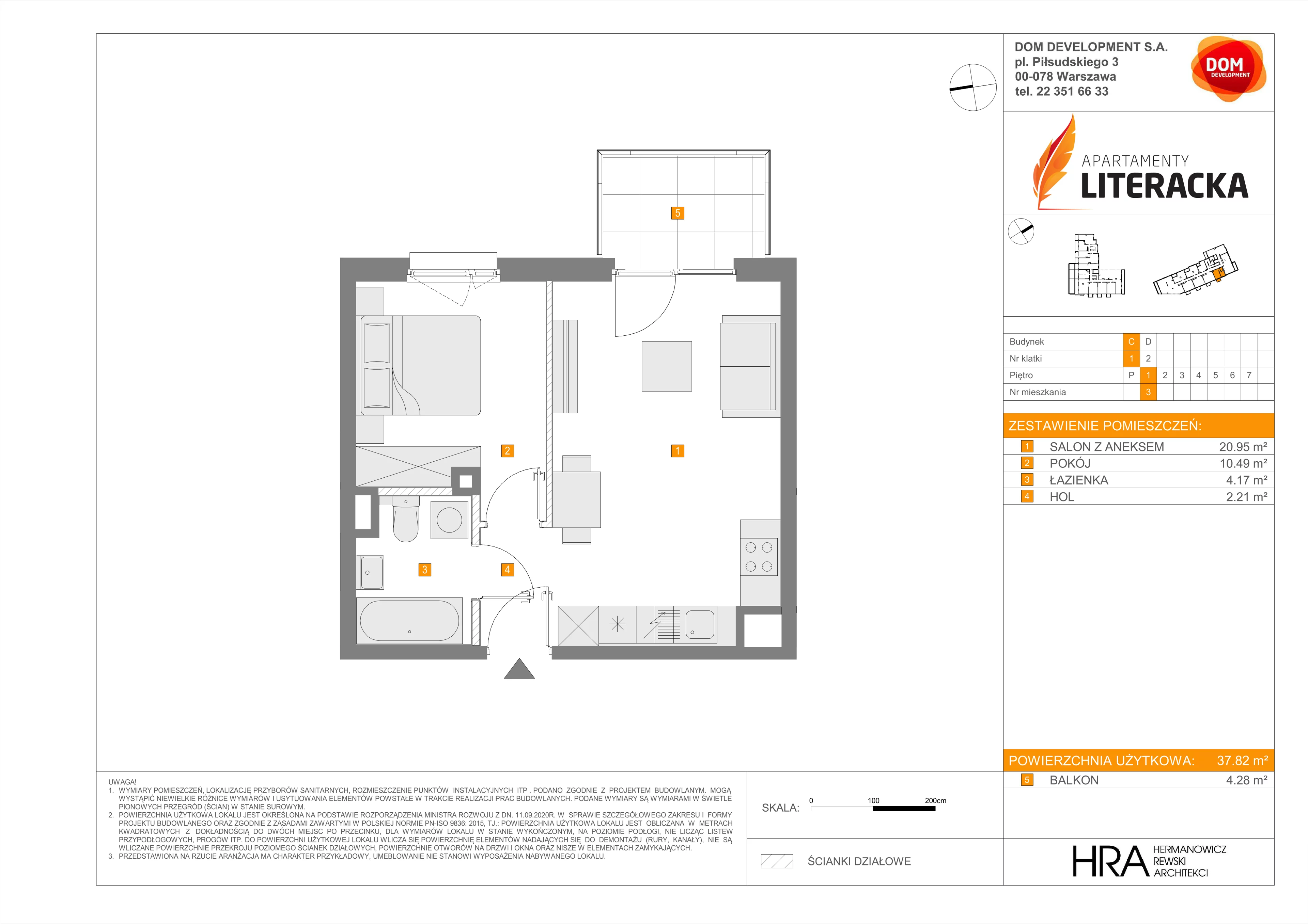 2 pokoje, mieszkanie 37,82 m², piętro 1, oferta nr C/3, Apartamenty Literacka 2, Warszawa, Bielany, Piaski, ul. Literacka