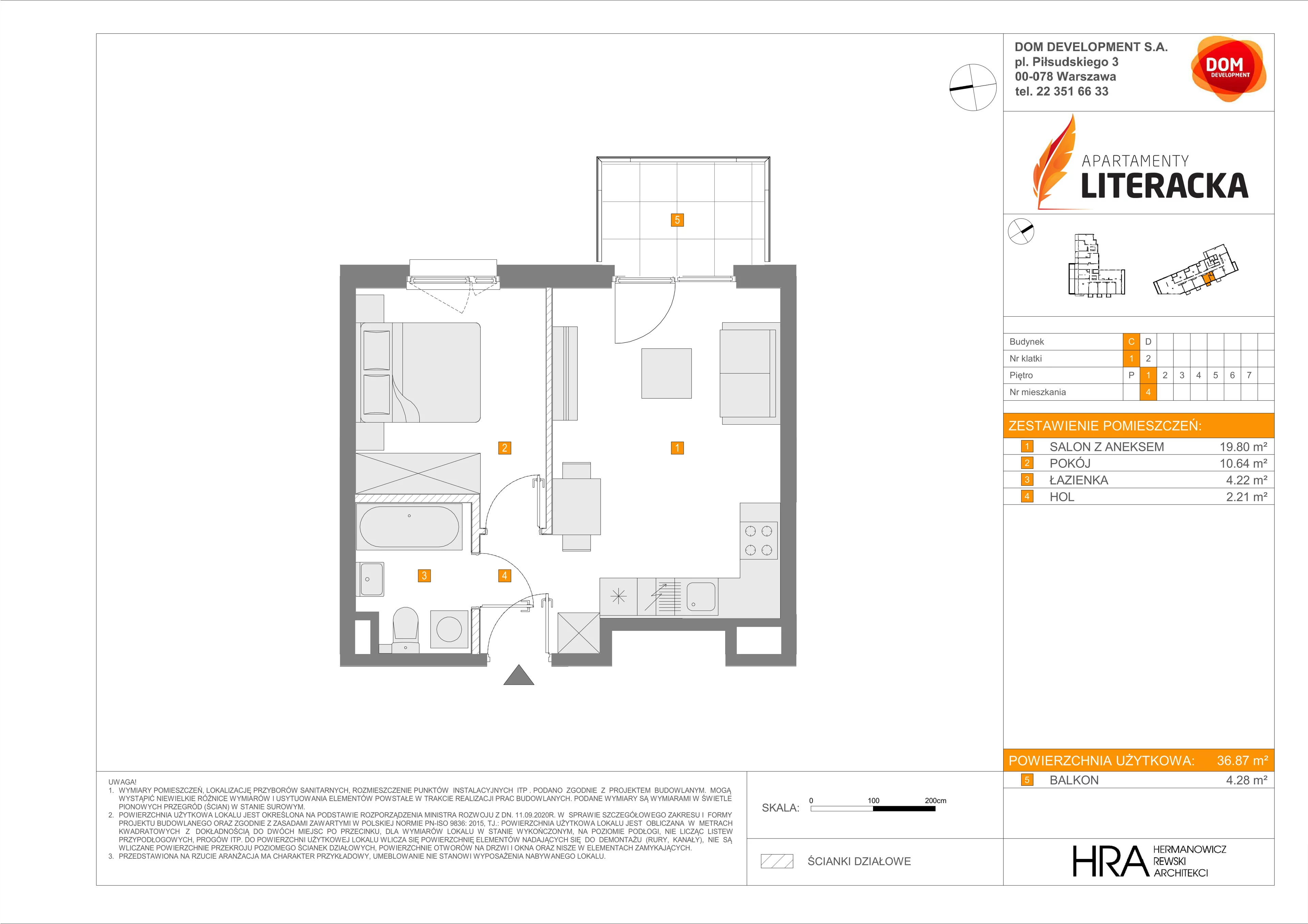 2 pokoje, mieszkanie 36,87 m², piętro 1, oferta nr C/4, Apartamenty Literacka 2, Warszawa, Bielany, Piaski, ul. Literacka