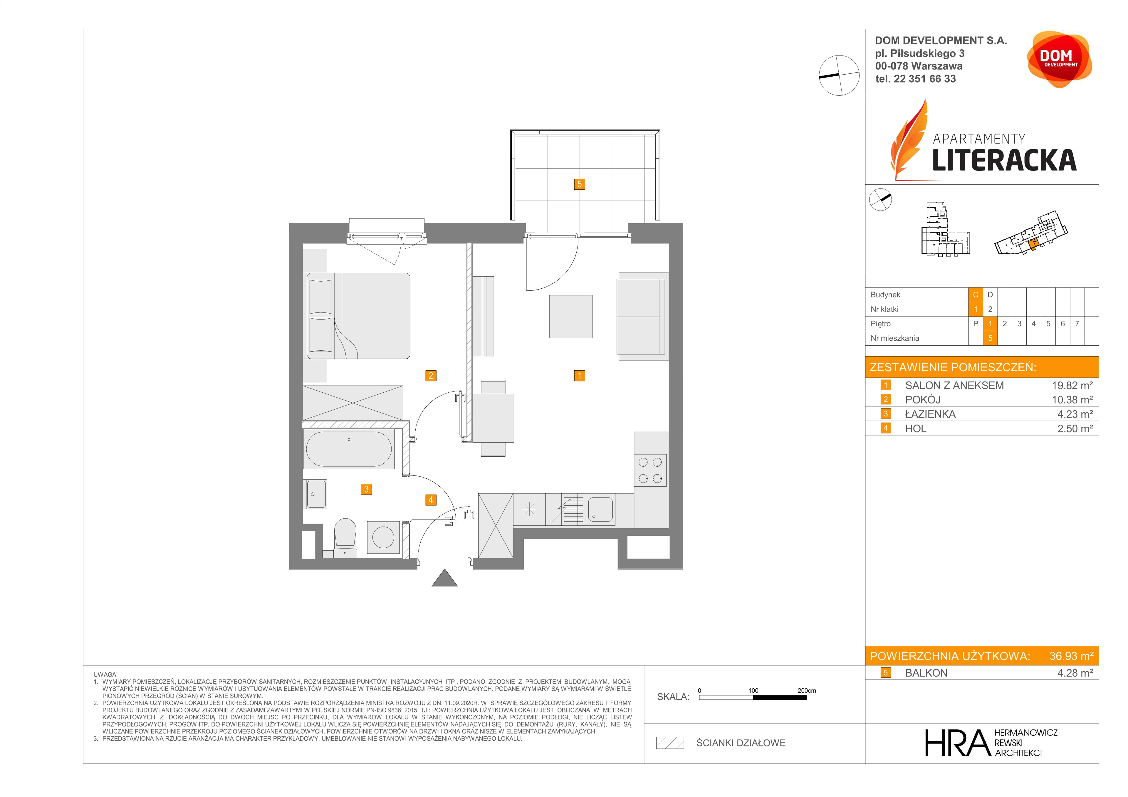 2 pokoje, mieszkanie 36,93 m², piętro 1, oferta nr C/5, Apartamenty Literacka 2, Warszawa, Bielany, Piaski, ul. Literacka