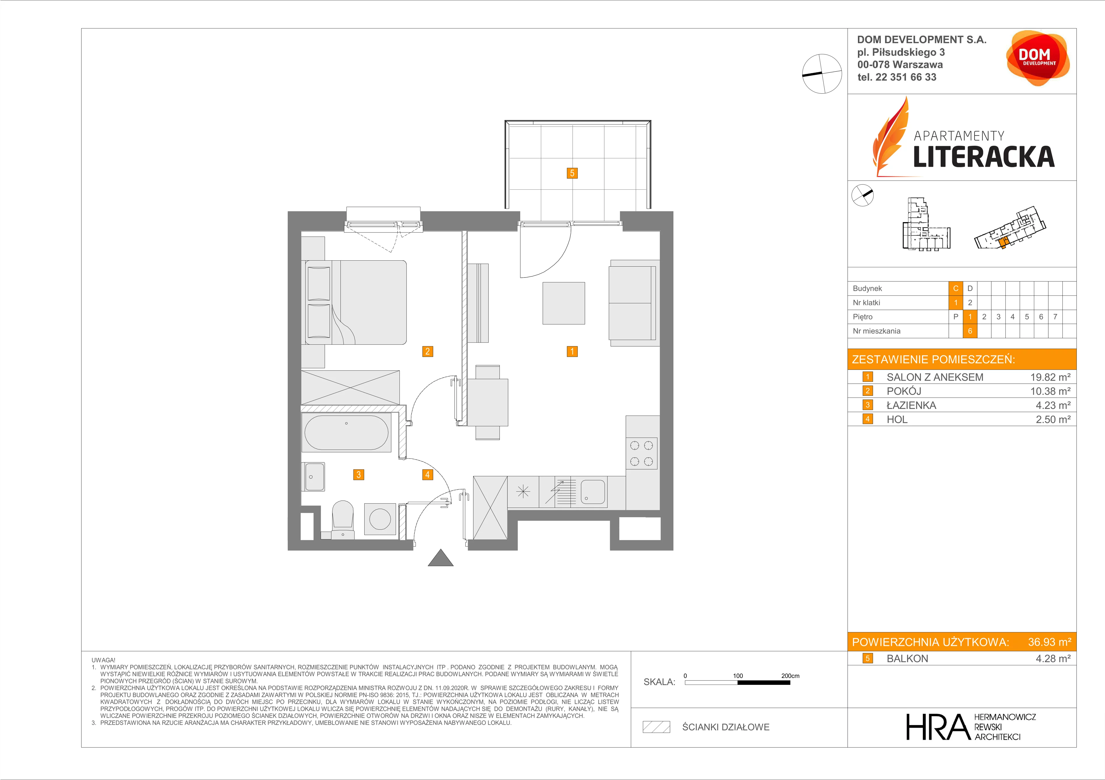 2 pokoje, mieszkanie 36,93 m², piętro 1, oferta nr C/6, Apartamenty Literacka 2, Warszawa, Bielany, Piaski, ul. Literacka