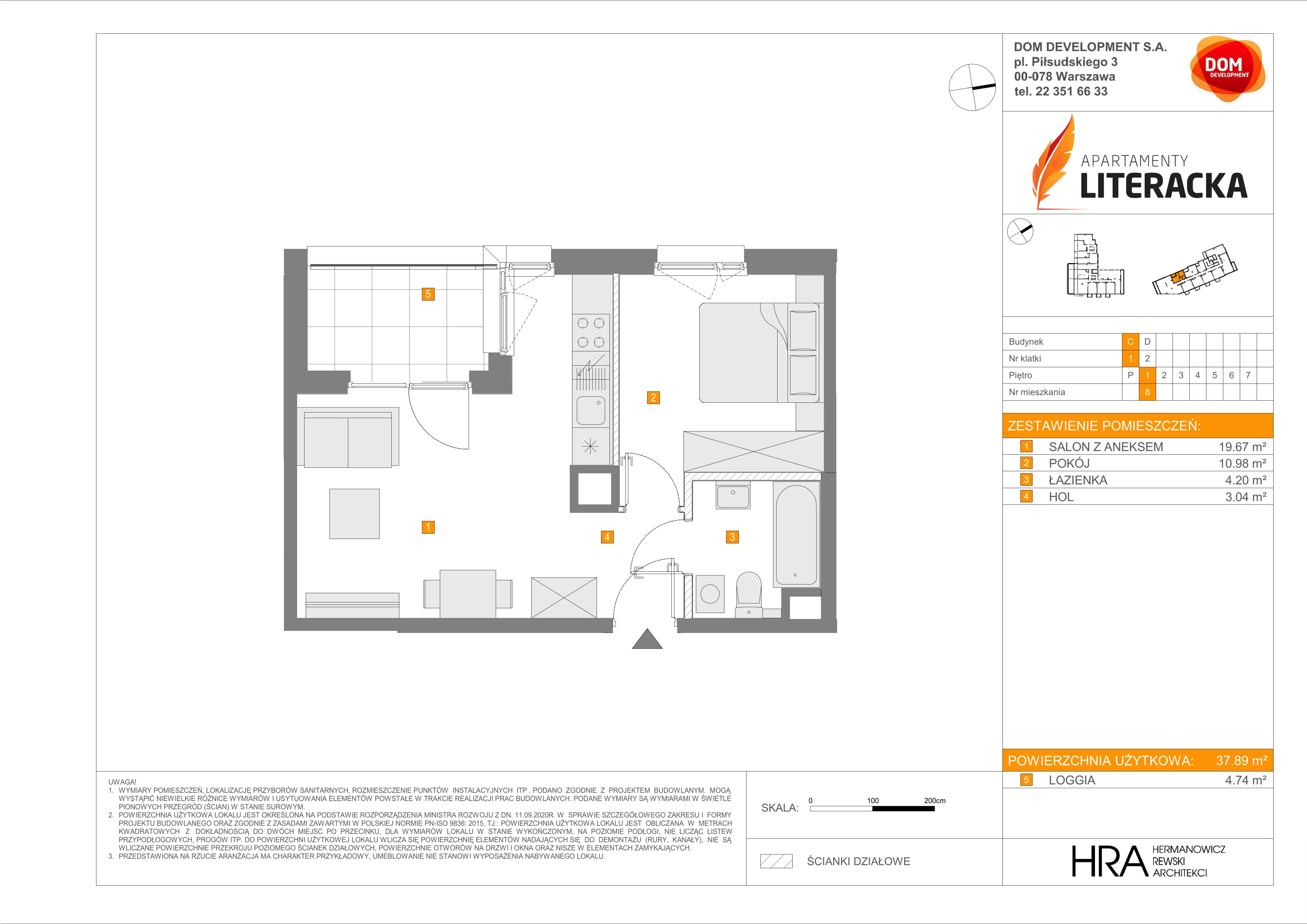 2 pokoje, mieszkanie 37,89 m², piętro 1, oferta nr C/8, Apartamenty Literacka 2, Warszawa, Bielany, Piaski, ul. Literacka