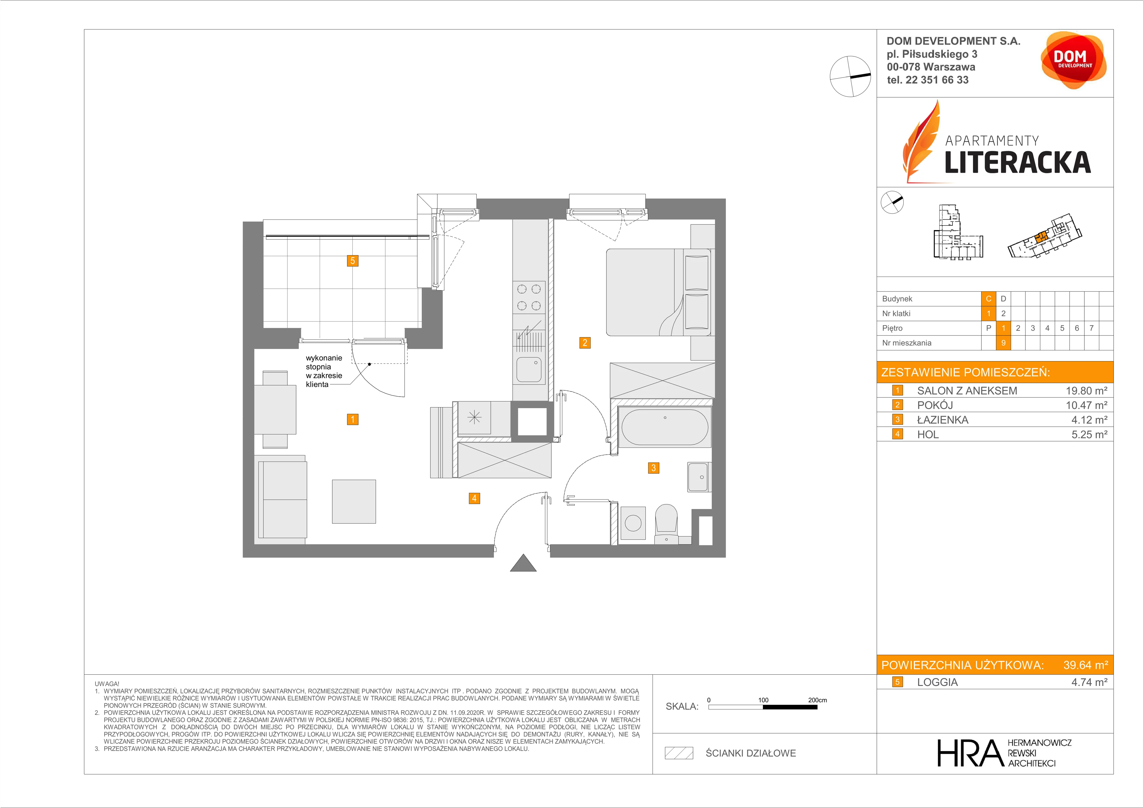2 pokoje, mieszkanie 39,64 m², piętro 1, oferta nr C/9, Apartamenty Literacka 2, Warszawa, Bielany, Piaski, ul. Literacka