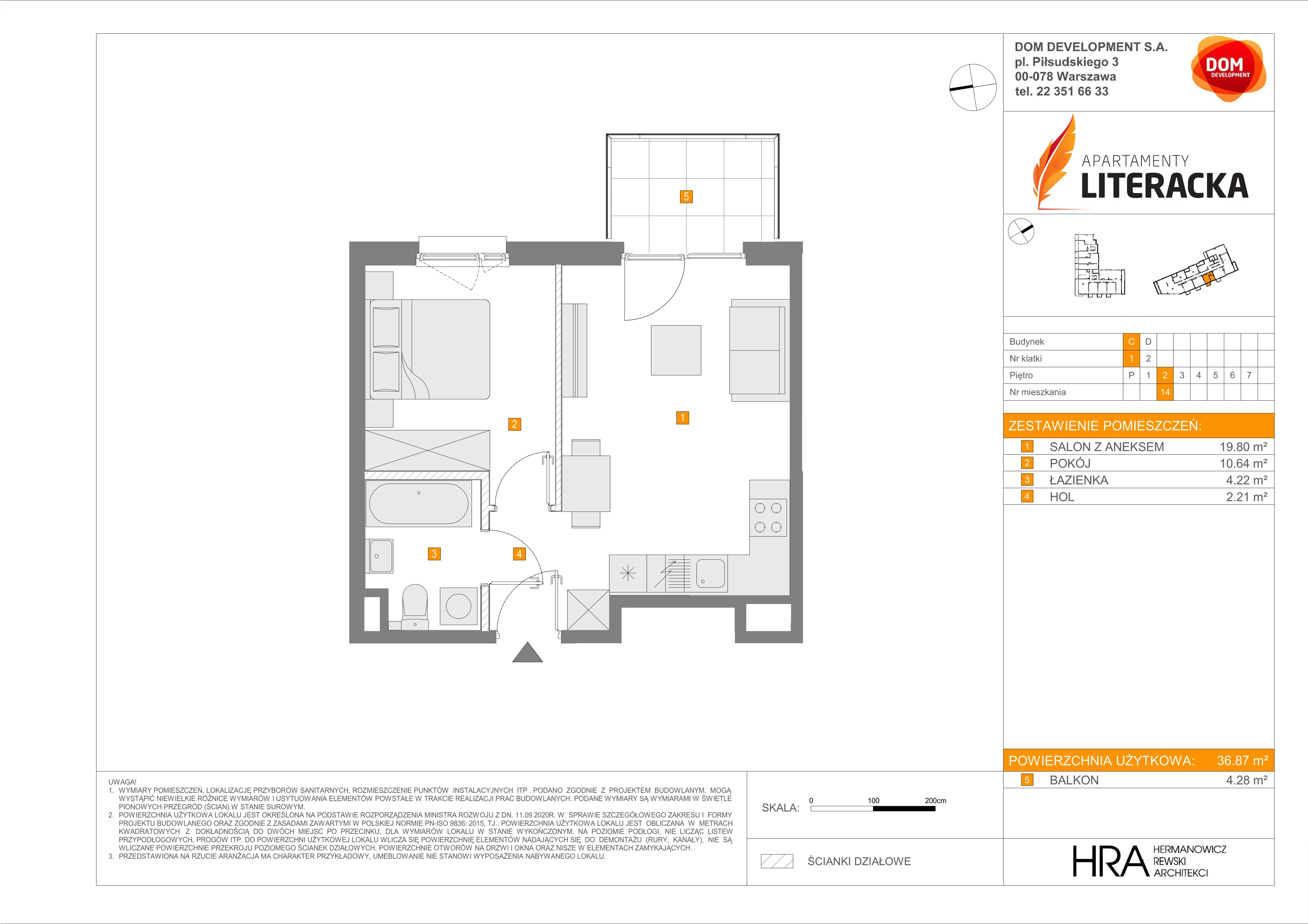 2 pokoje, mieszkanie 36,87 m², piętro 2, oferta nr C/14, Apartamenty Literacka 2, Warszawa, Bielany, Piaski, ul. Literacka