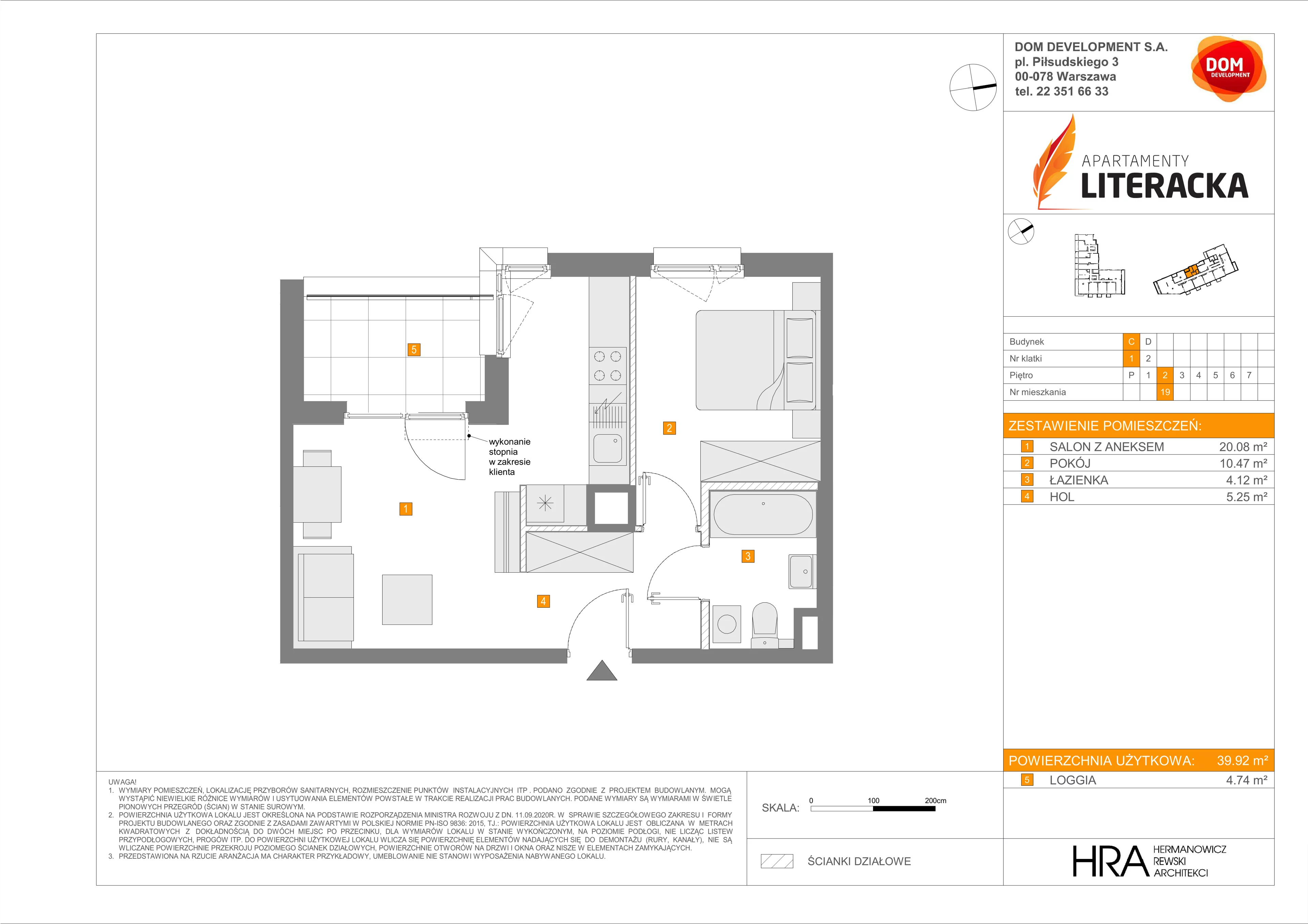 2 pokoje, mieszkanie 39,92 m², piętro 2, oferta nr C/19, Apartamenty Literacka 2, Warszawa, Bielany, Piaski, ul. Literacka