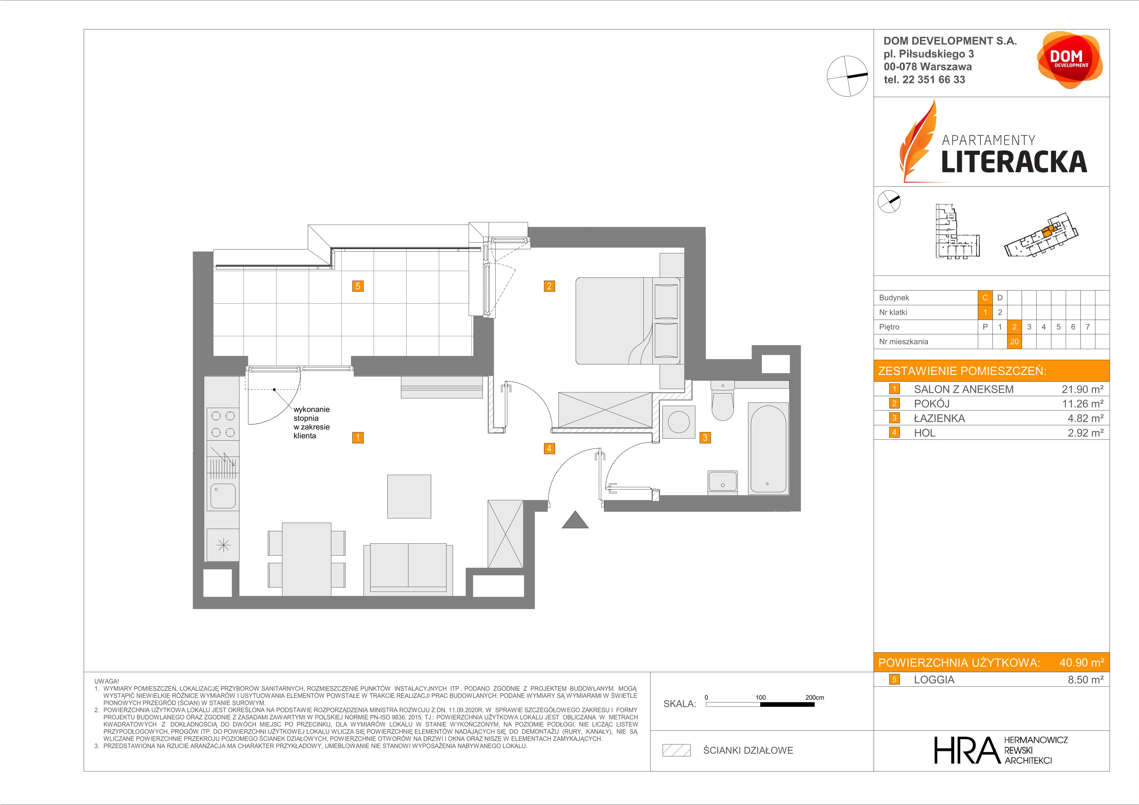 2 pokoje, mieszkanie 40,90 m², piętro 2, oferta nr C/20, Apartamenty Literacka 2, Warszawa, Bielany, Piaski, ul. Literacka
