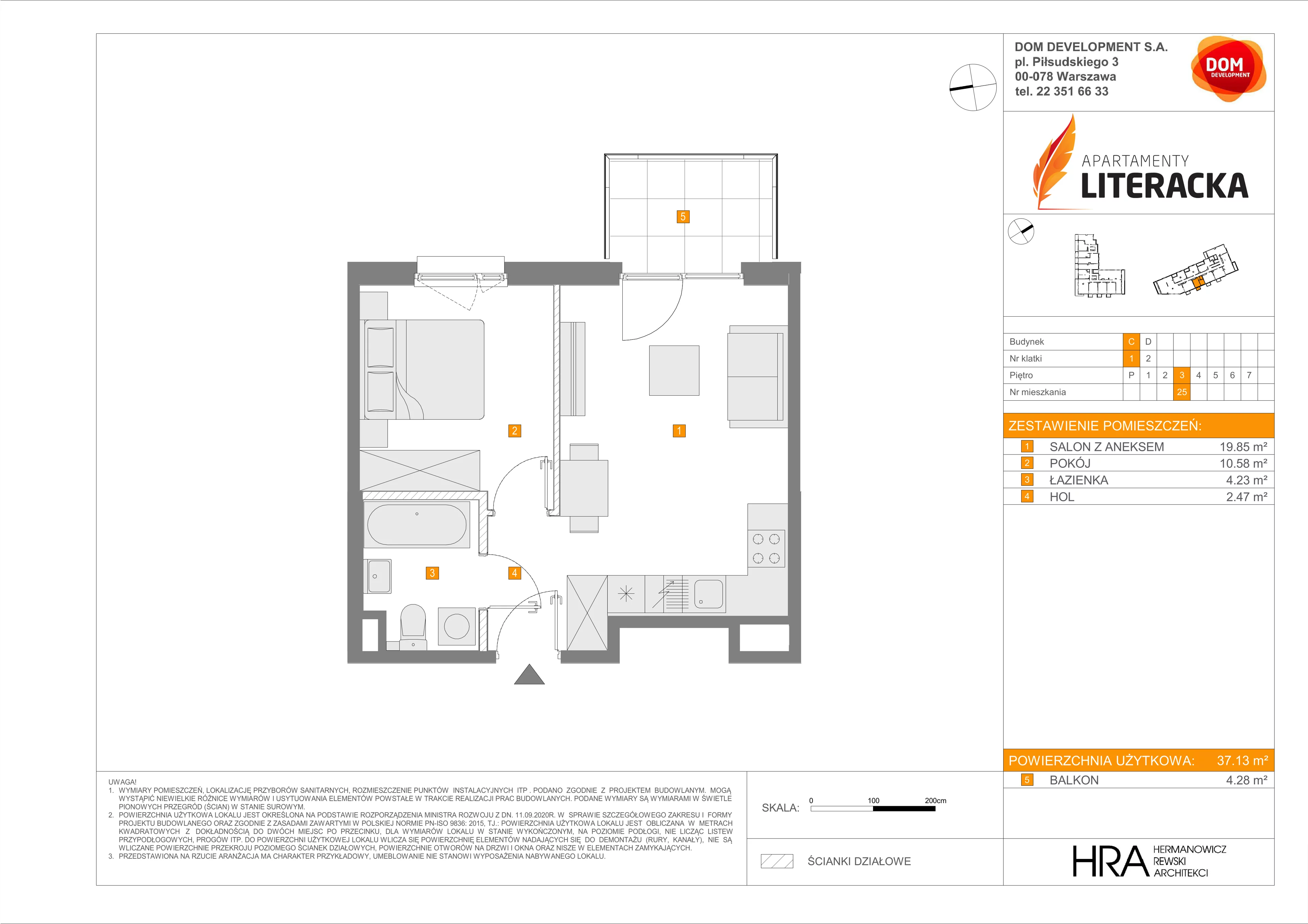2 pokoje, mieszkanie 37,13 m², piętro 3, oferta nr C/25, Apartamenty Literacka 2, Warszawa, Bielany, Piaski, ul. Literacka