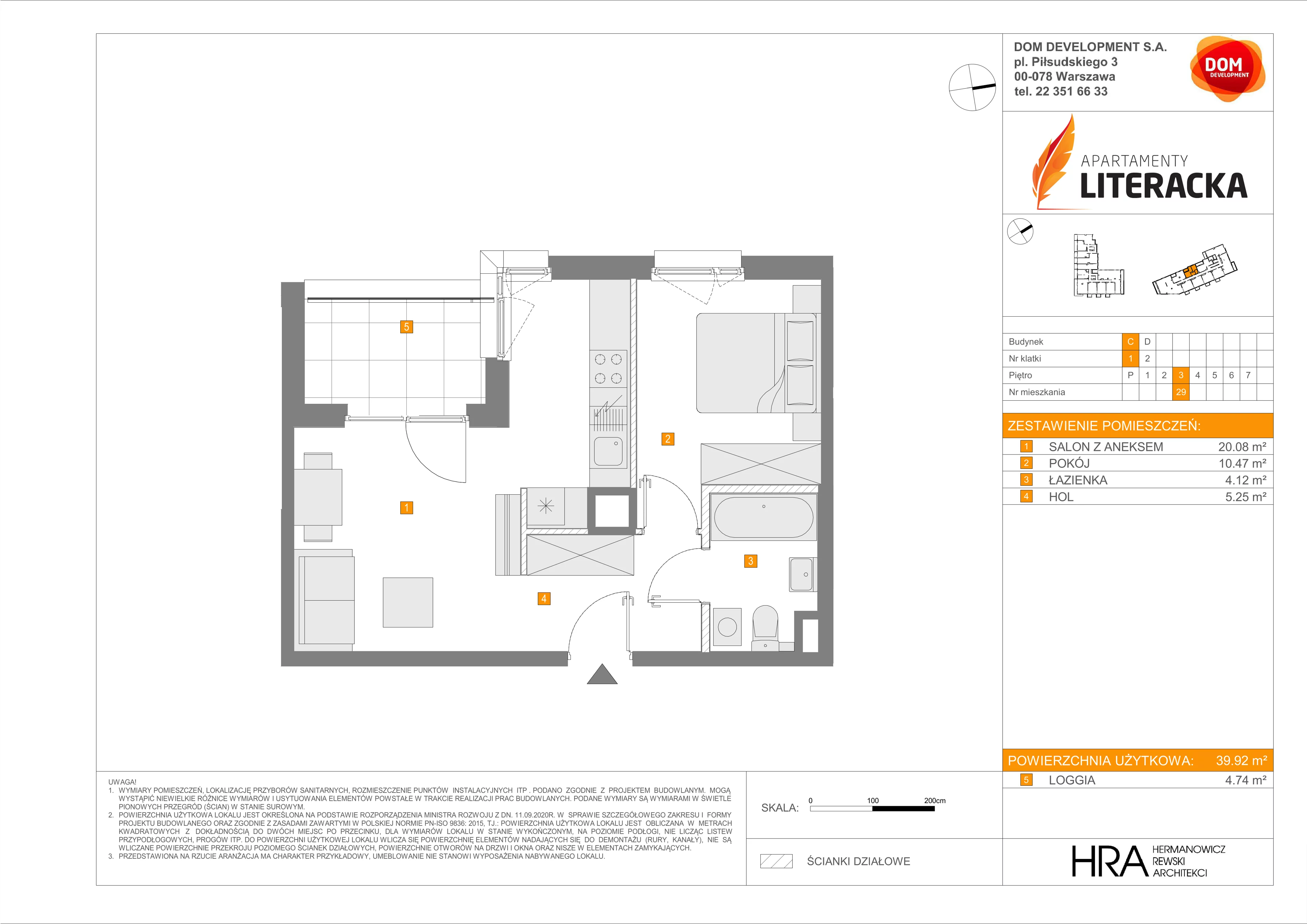 2 pokoje, mieszkanie 39,92 m², piętro 3, oferta nr C/29, Apartamenty Literacka 2, Warszawa, Bielany, Piaski, ul. Literacka
