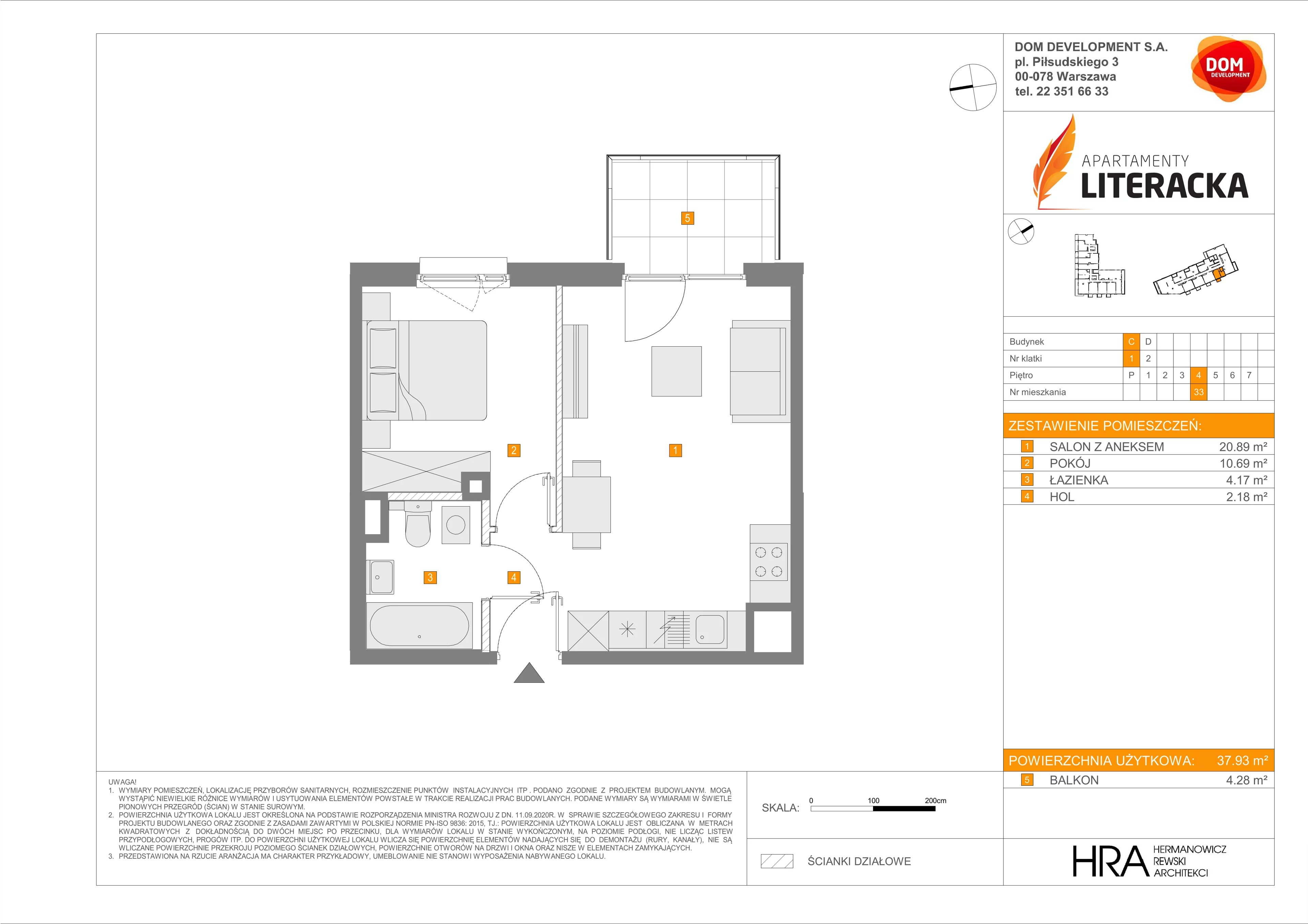 2 pokoje, mieszkanie 37,93 m², piętro 4, oferta nr C/33, Apartamenty Literacka 2, Warszawa, Bielany, Piaski, ul. Literacka