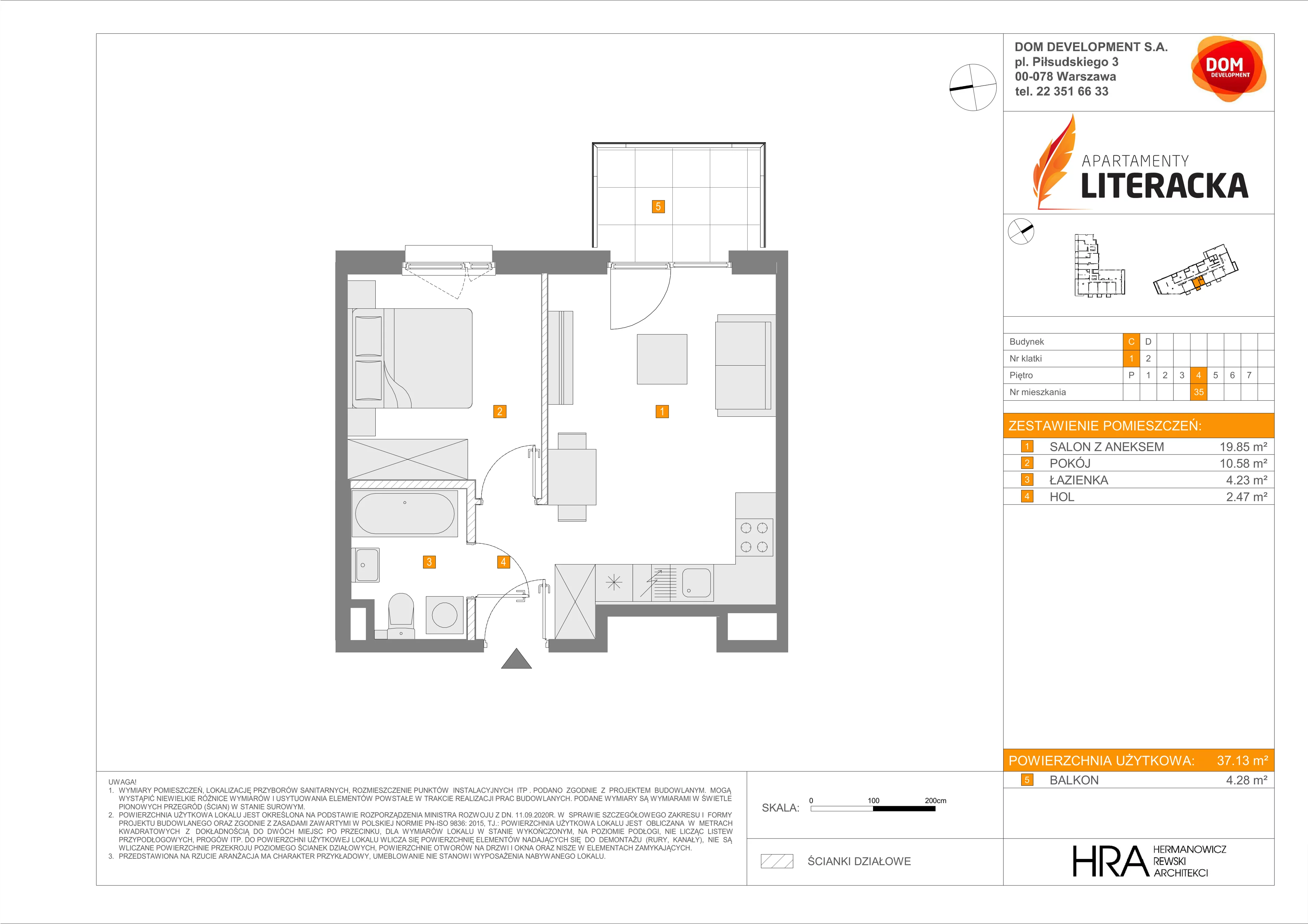2 pokoje, mieszkanie 37,13 m², piętro 4, oferta nr C/35, Apartamenty Literacka 2, Warszawa, Bielany, Piaski, ul. Literacka