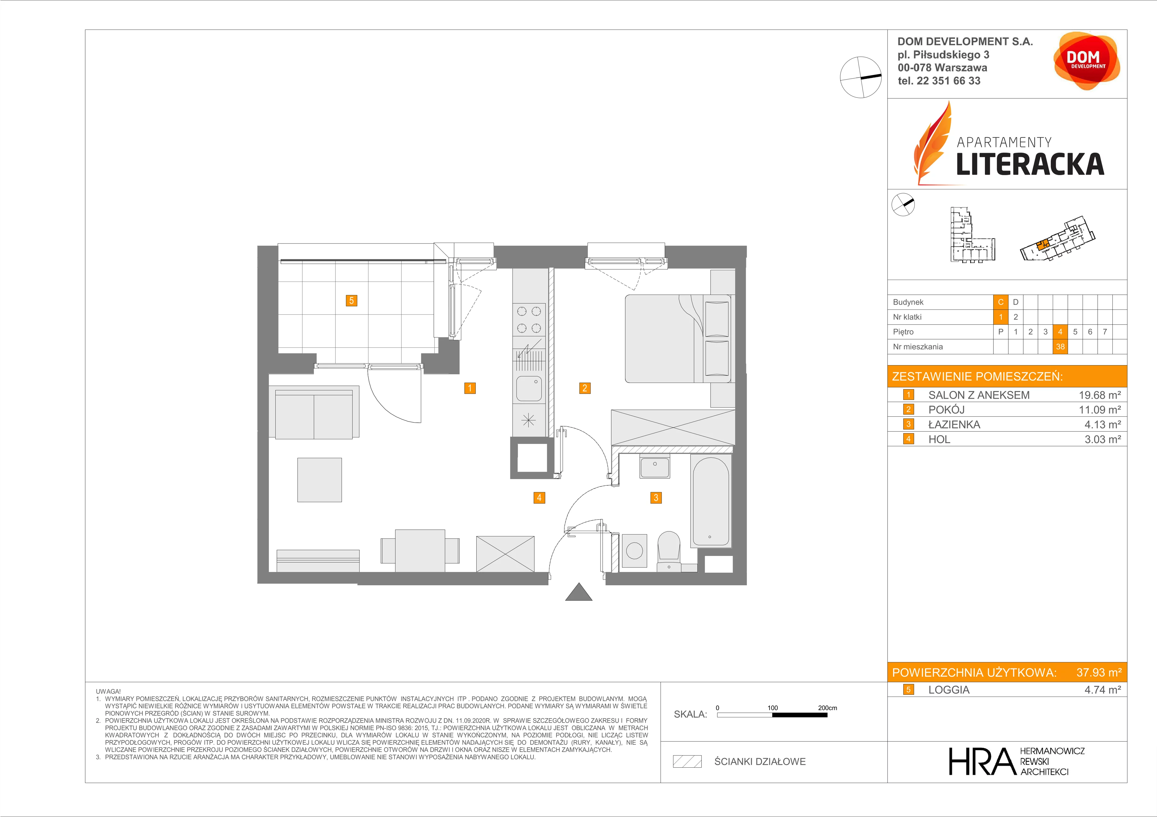 2 pokoje, mieszkanie 37,93 m², piętro 4, oferta nr C/38, Apartamenty Literacka 2, Warszawa, Bielany, Piaski, ul. Literacka