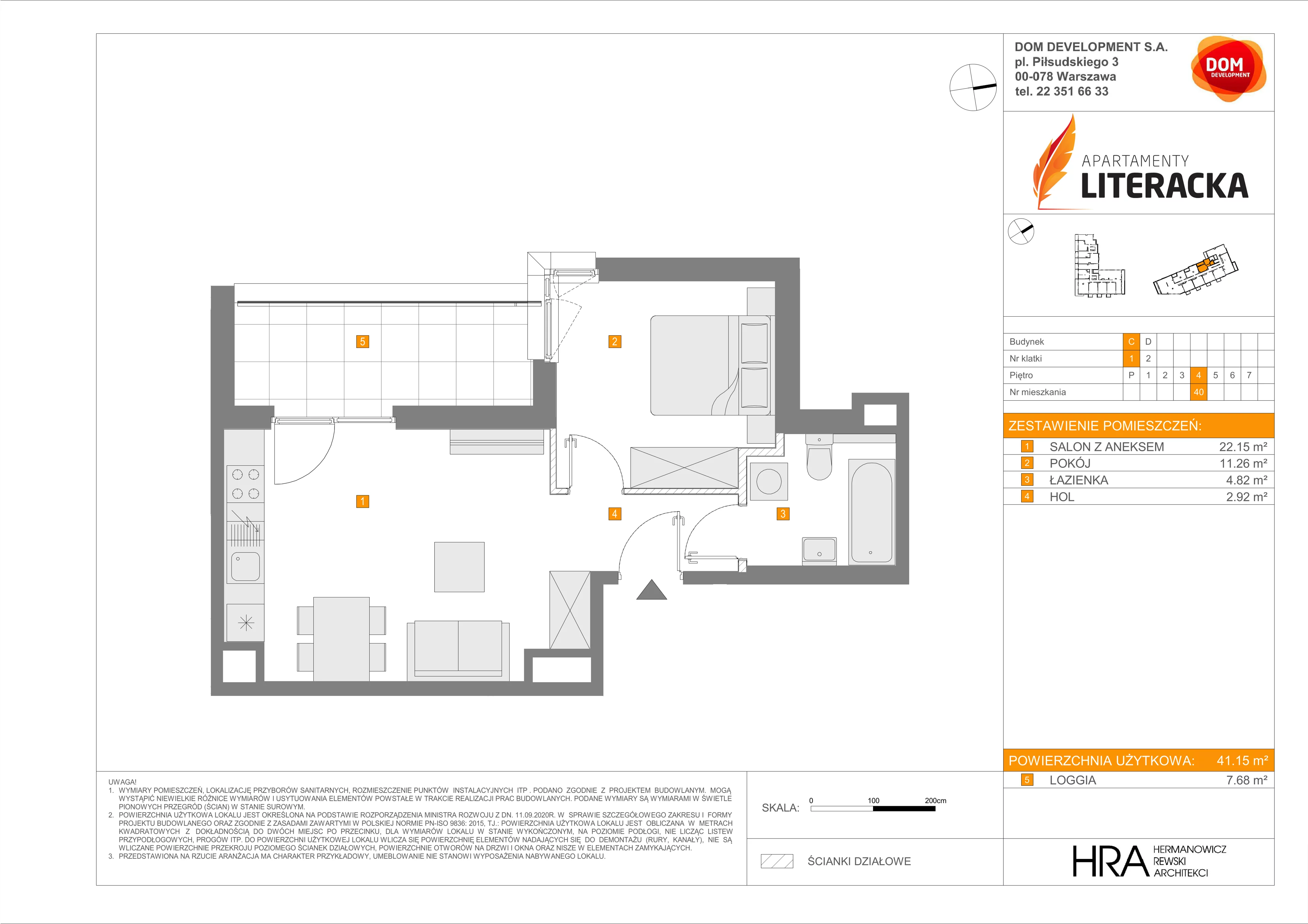 2 pokoje, mieszkanie 41,15 m², piętro 4, oferta nr C/40, Apartamenty Literacka 2, Warszawa, Bielany, Piaski, ul. Literacka