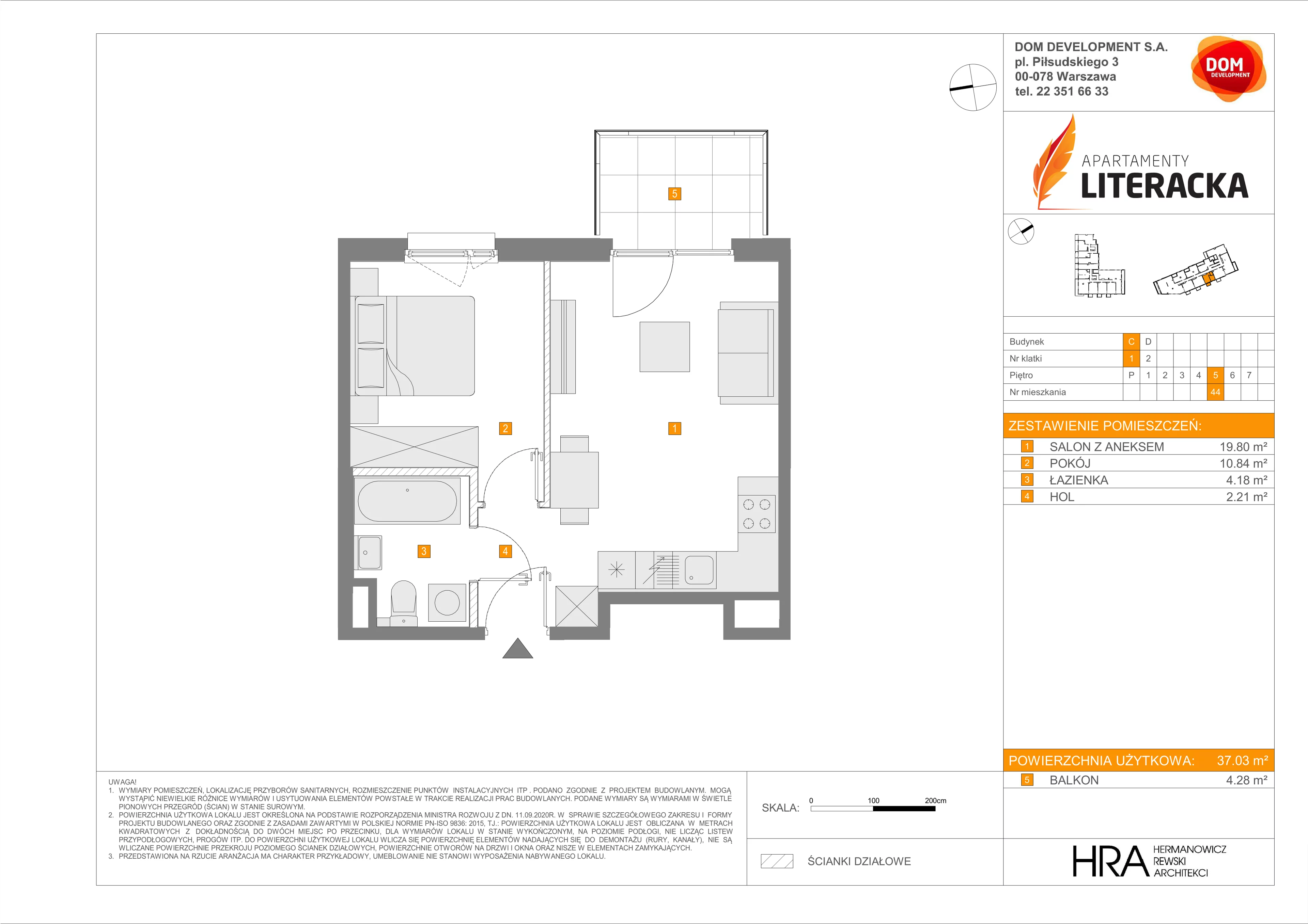 2 pokoje, mieszkanie 37,03 m², piętro 5, oferta nr C/44, Apartamenty Literacka 2, Warszawa, Bielany, Piaski, ul. Literacka
