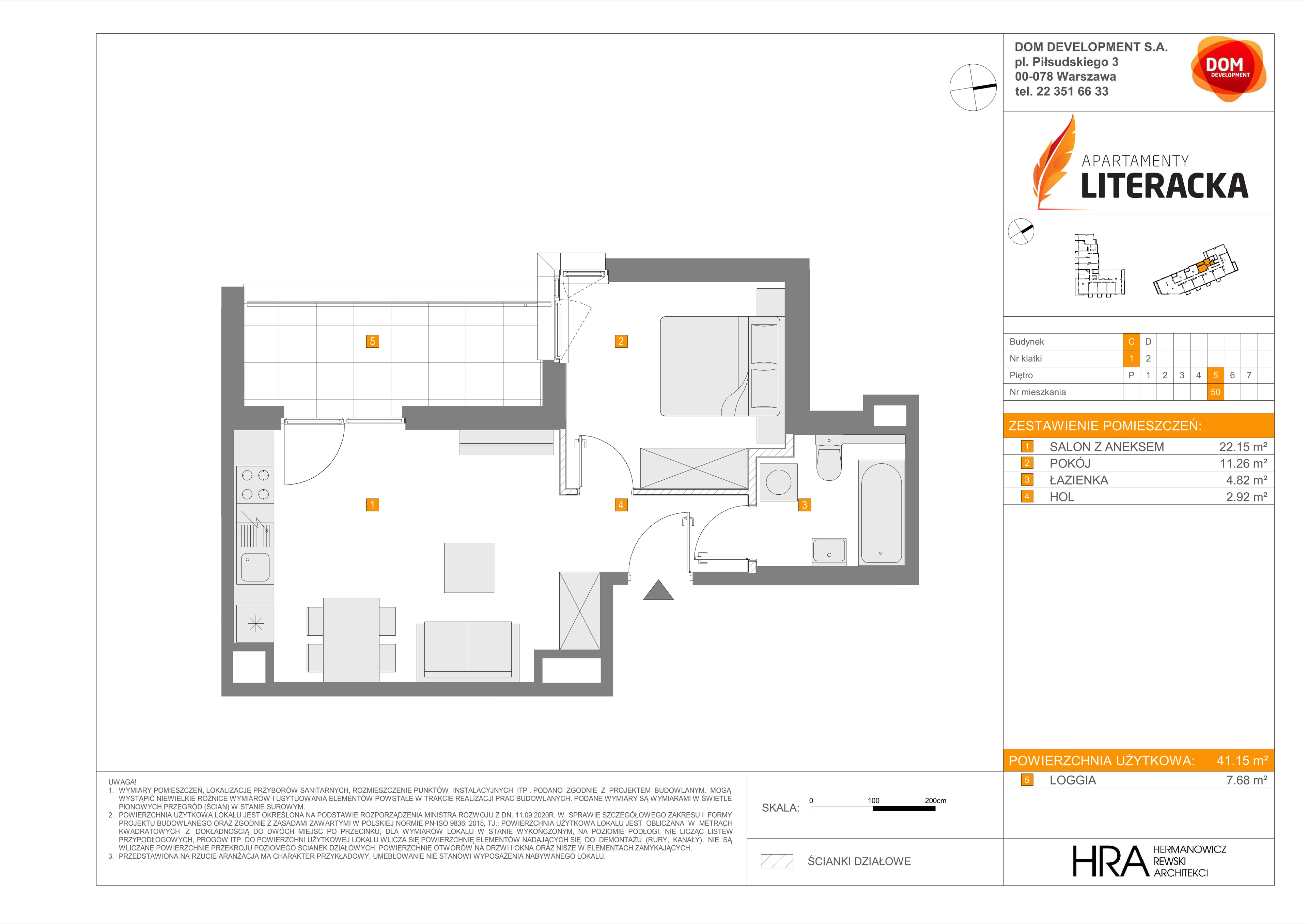 2 pokoje, mieszkanie 41,15 m², piętro 5, oferta nr C/50, Apartamenty Literacka 2, Warszawa, Bielany, Piaski, ul. Literacka