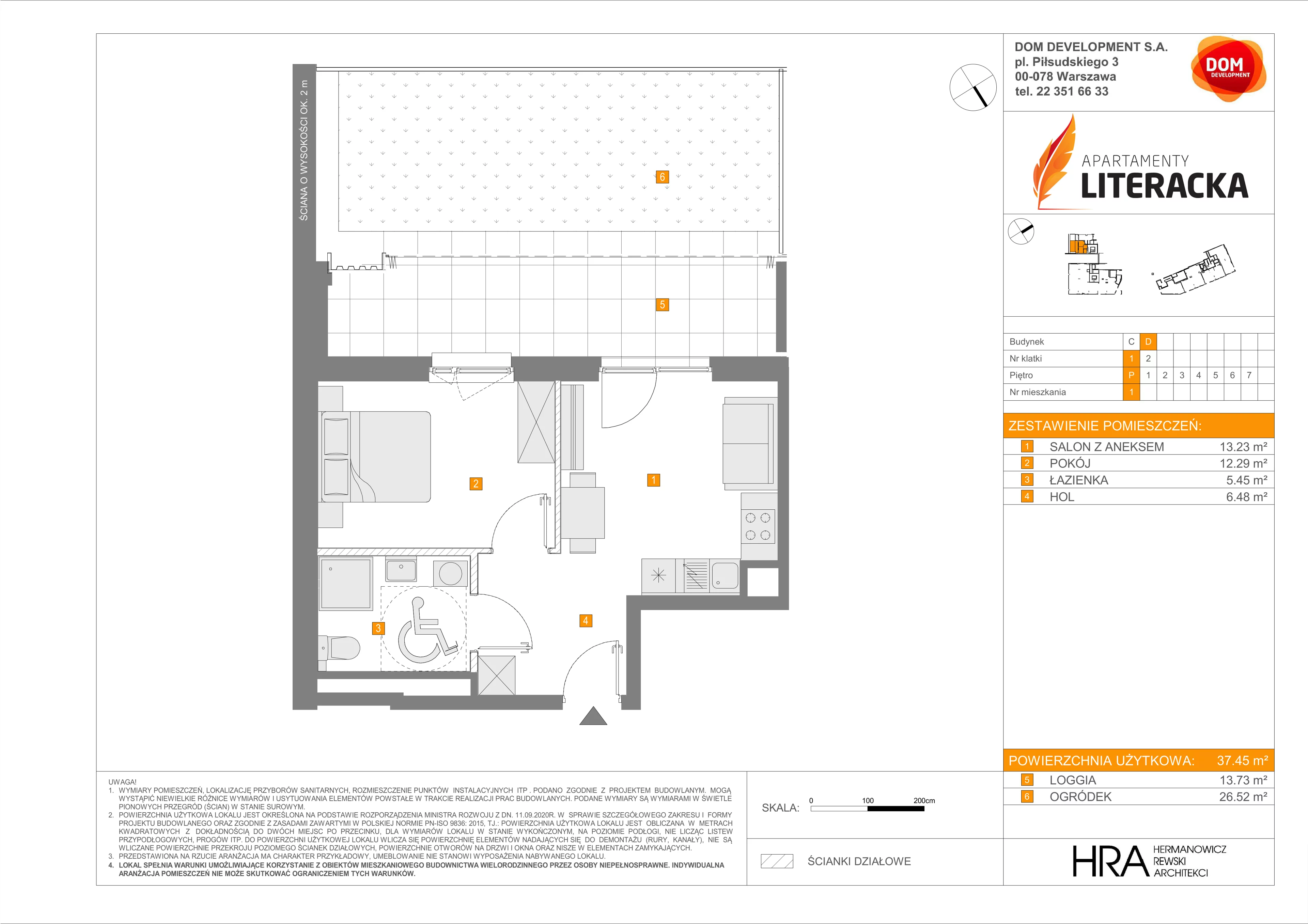 2 pokoje, mieszkanie 37,45 m², parter, oferta nr D/1, Apartamenty Literacka 2, Warszawa, Bielany, Piaski, ul. Literacka