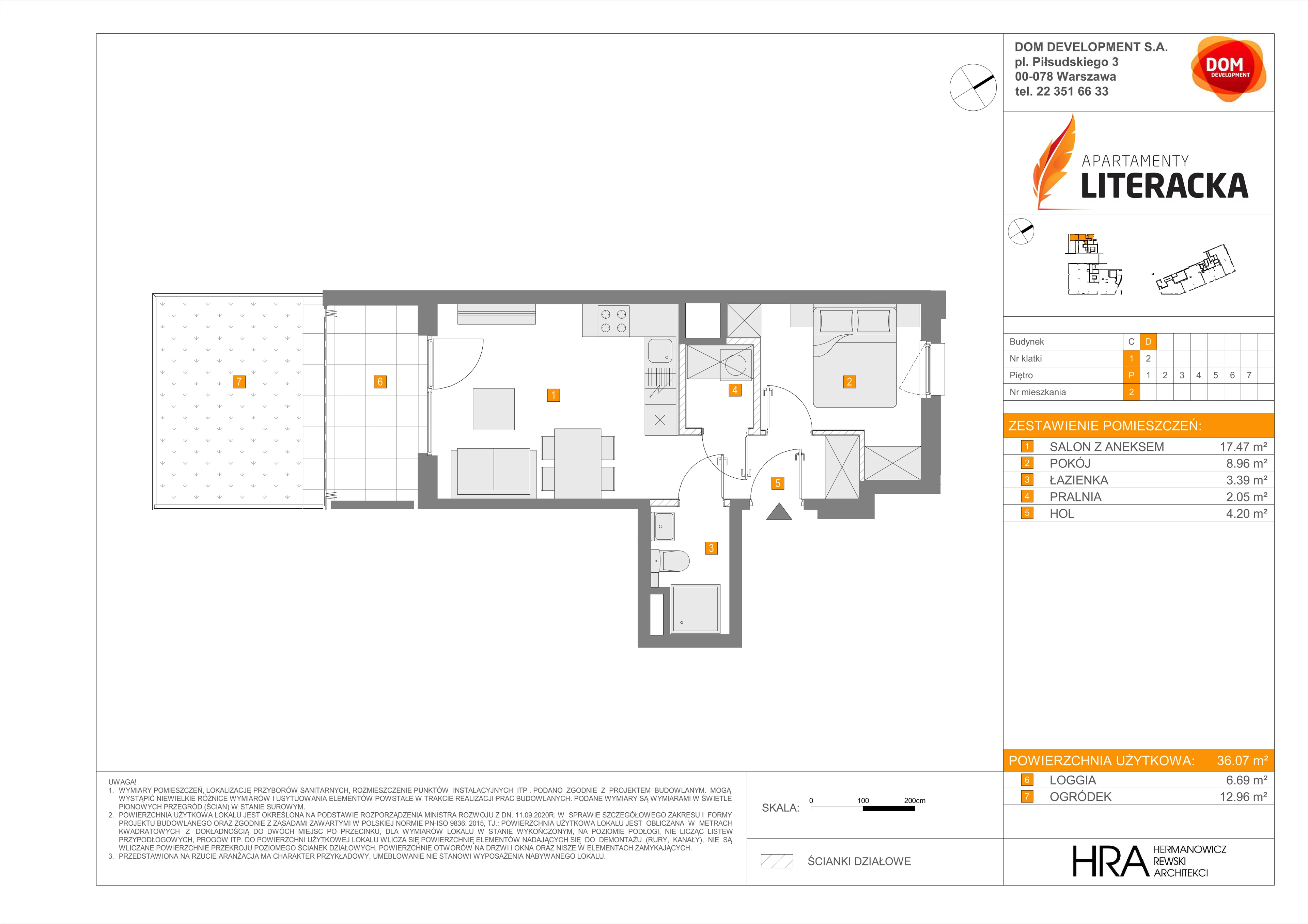 2 pokoje, mieszkanie 36,07 m², parter, oferta nr D/2, Apartamenty Literacka 2, Warszawa, Bielany, Piaski, ul. Literacka