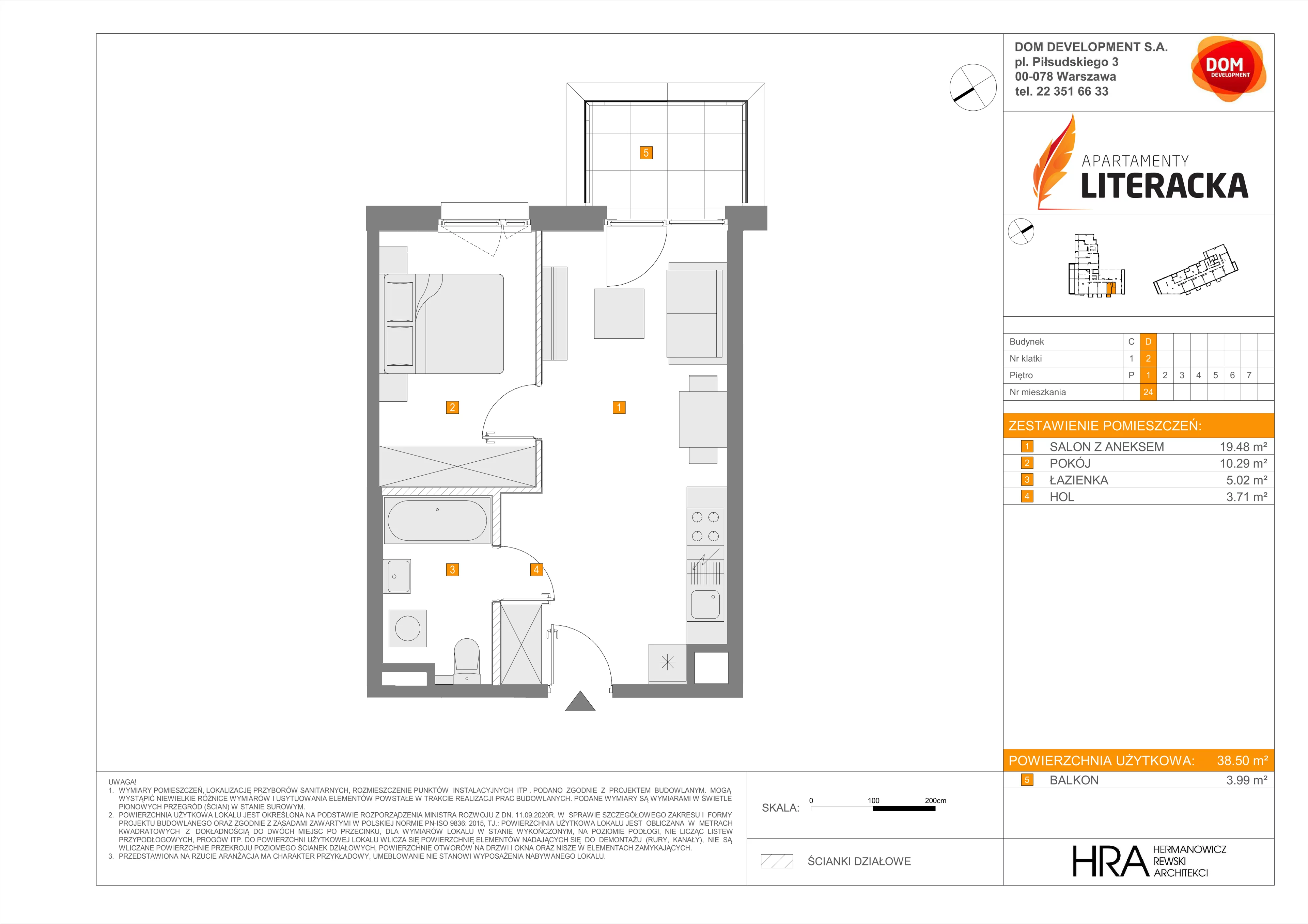 2 pokoje, mieszkanie 38,50 m², piętro 1, oferta nr D/24, Apartamenty Literacka 2, Warszawa, Bielany, Piaski, ul. Literacka