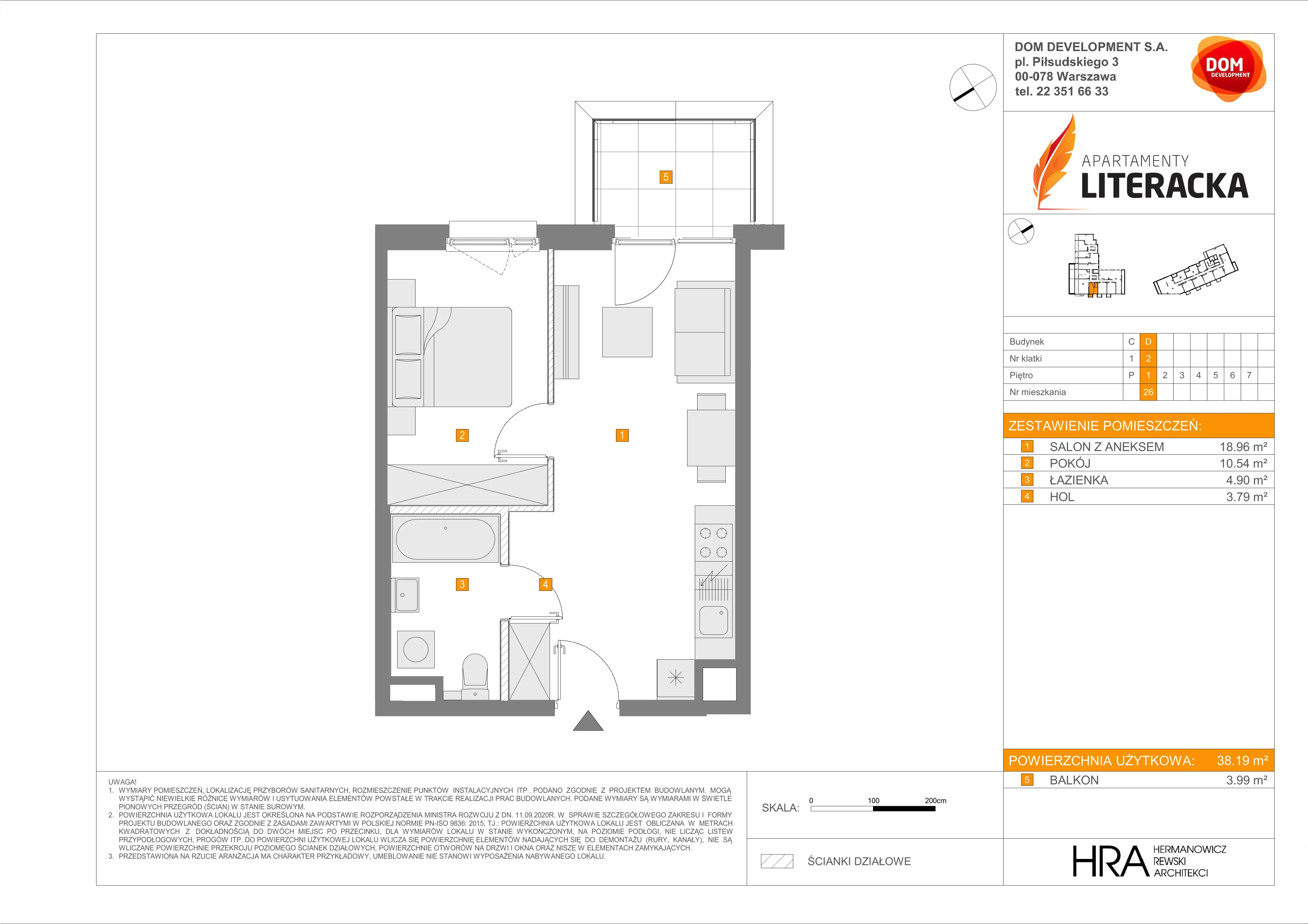 2 pokoje, mieszkanie 38,19 m², piętro 1, oferta nr D/26, Apartamenty Literacka 2, Warszawa, Bielany, Piaski, ul. Literacka