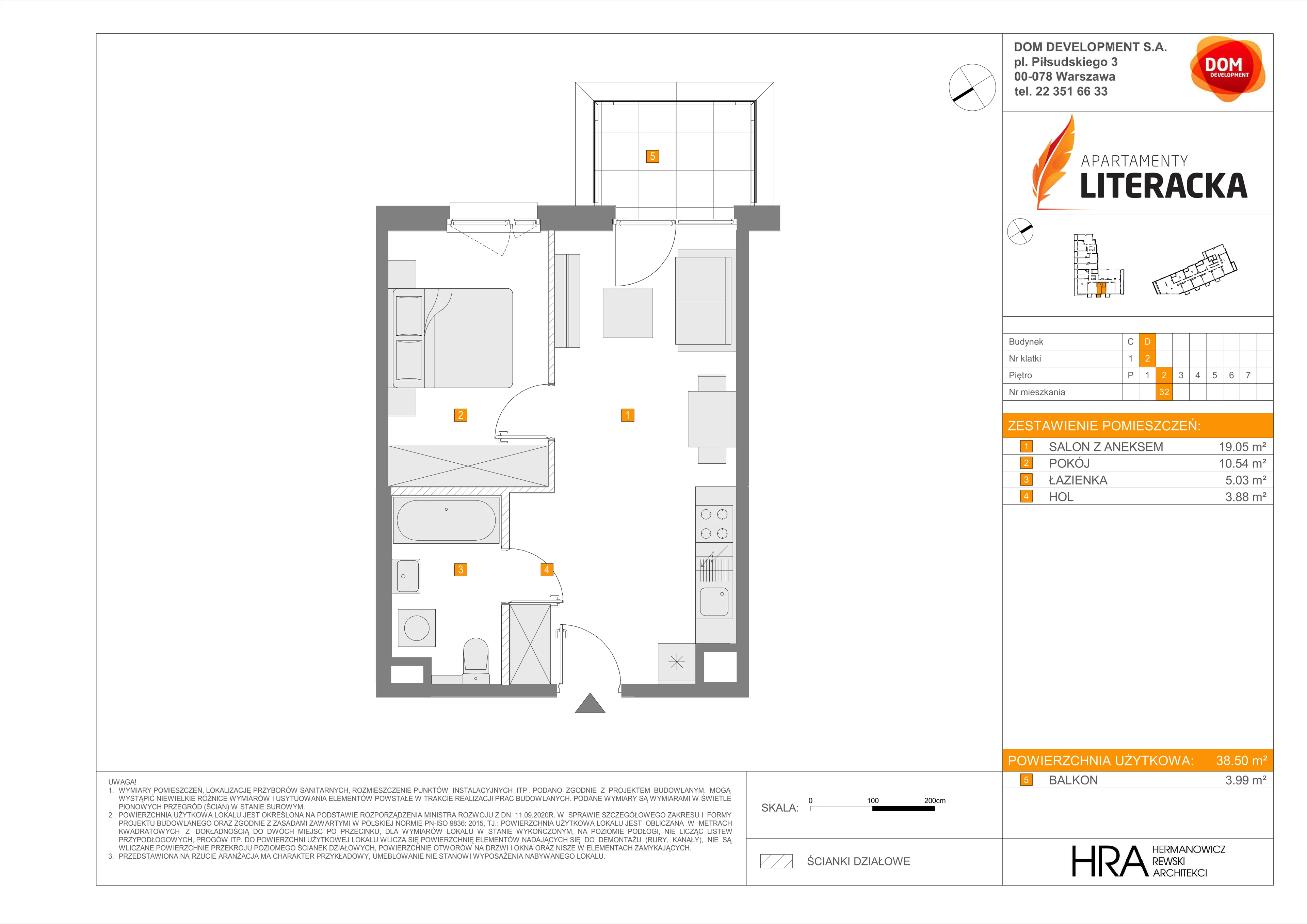 2 pokoje, mieszkanie 38,50 m², piętro 2, oferta nr D/32, Apartamenty Literacka 2, Warszawa, Bielany, Piaski, ul. Literacka