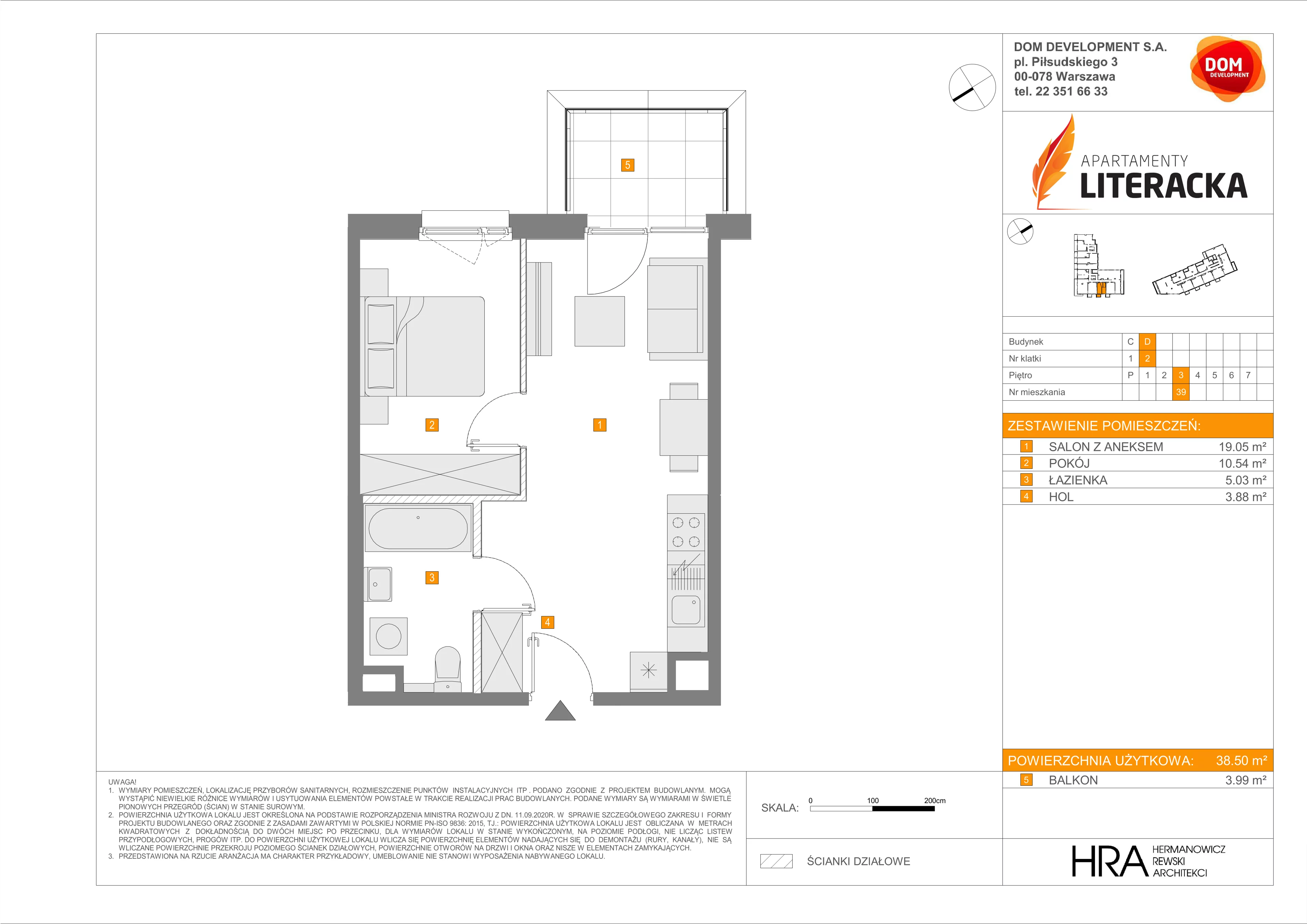 2 pokoje, mieszkanie 38,50 m², piętro 3, oferta nr D/39, Apartamenty Literacka 2, Warszawa, Bielany, Piaski, ul. Literacka
