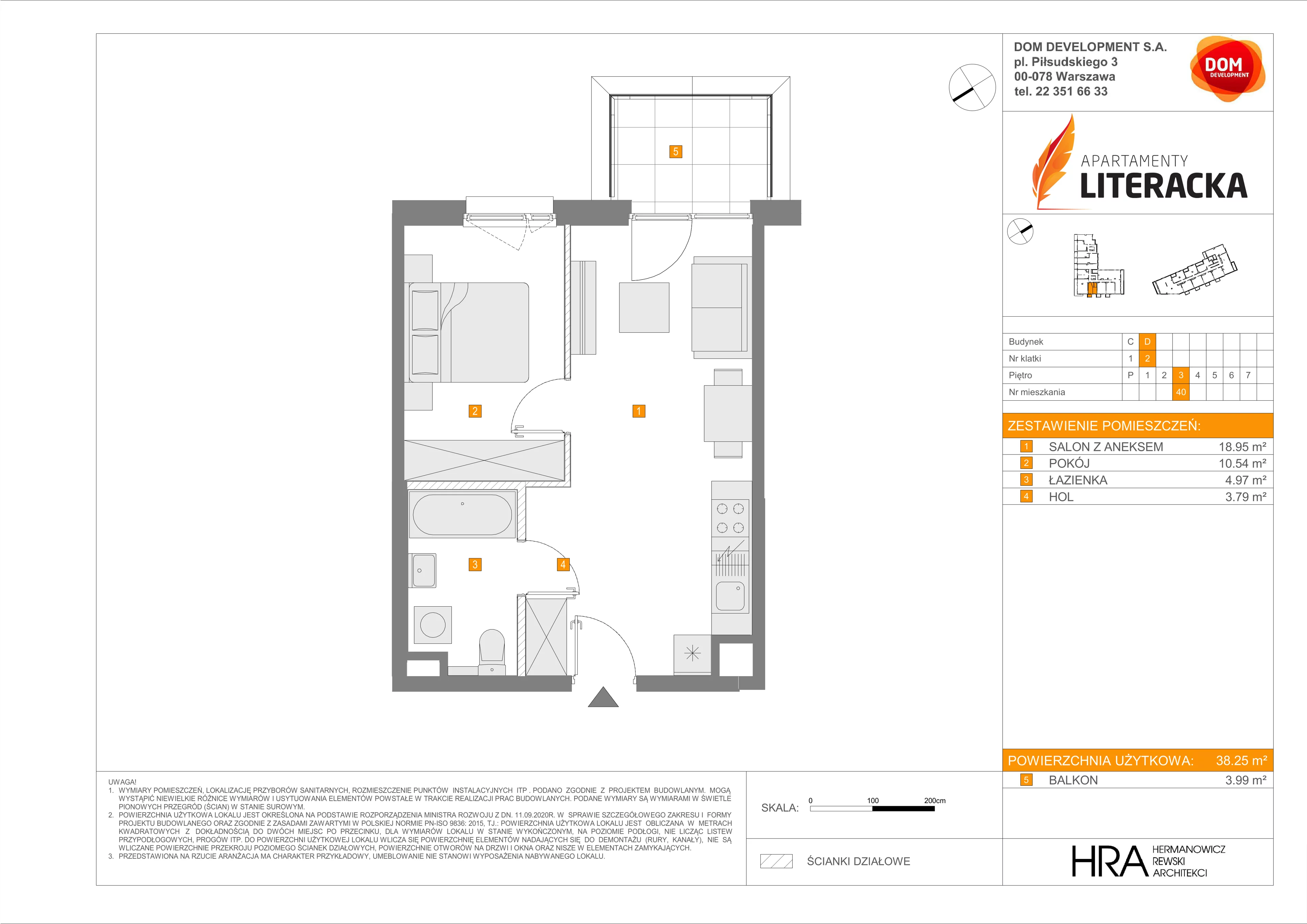 2 pokoje, mieszkanie 38,25 m², piętro 3, oferta nr D/40, Apartamenty Literacka 2, Warszawa, Bielany, Piaski, ul. Literacka