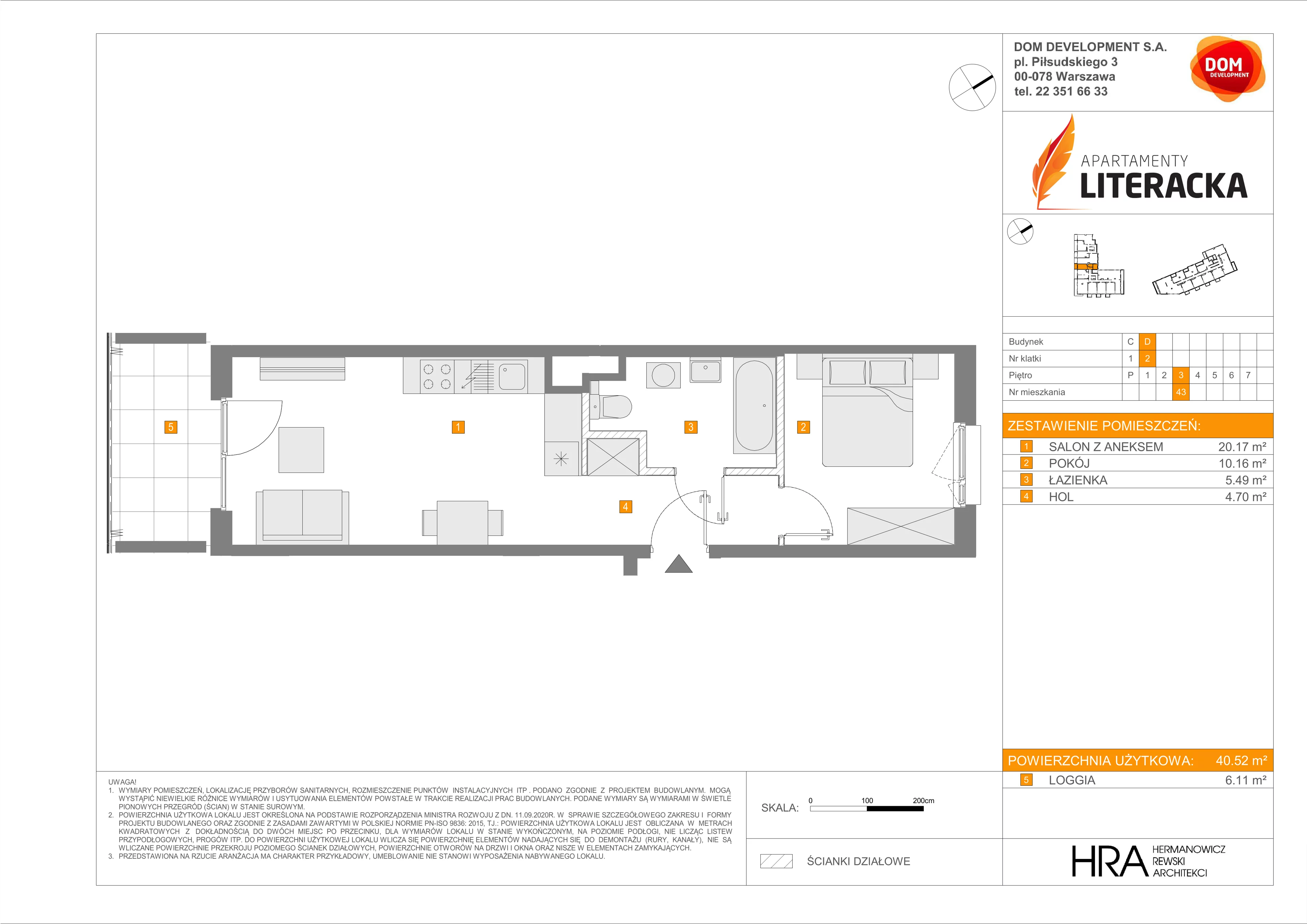 2 pokoje, mieszkanie 40,52 m², piętro 3, oferta nr D/43, Apartamenty Literacka 2, Warszawa, Bielany, Piaski, ul. Literacka
