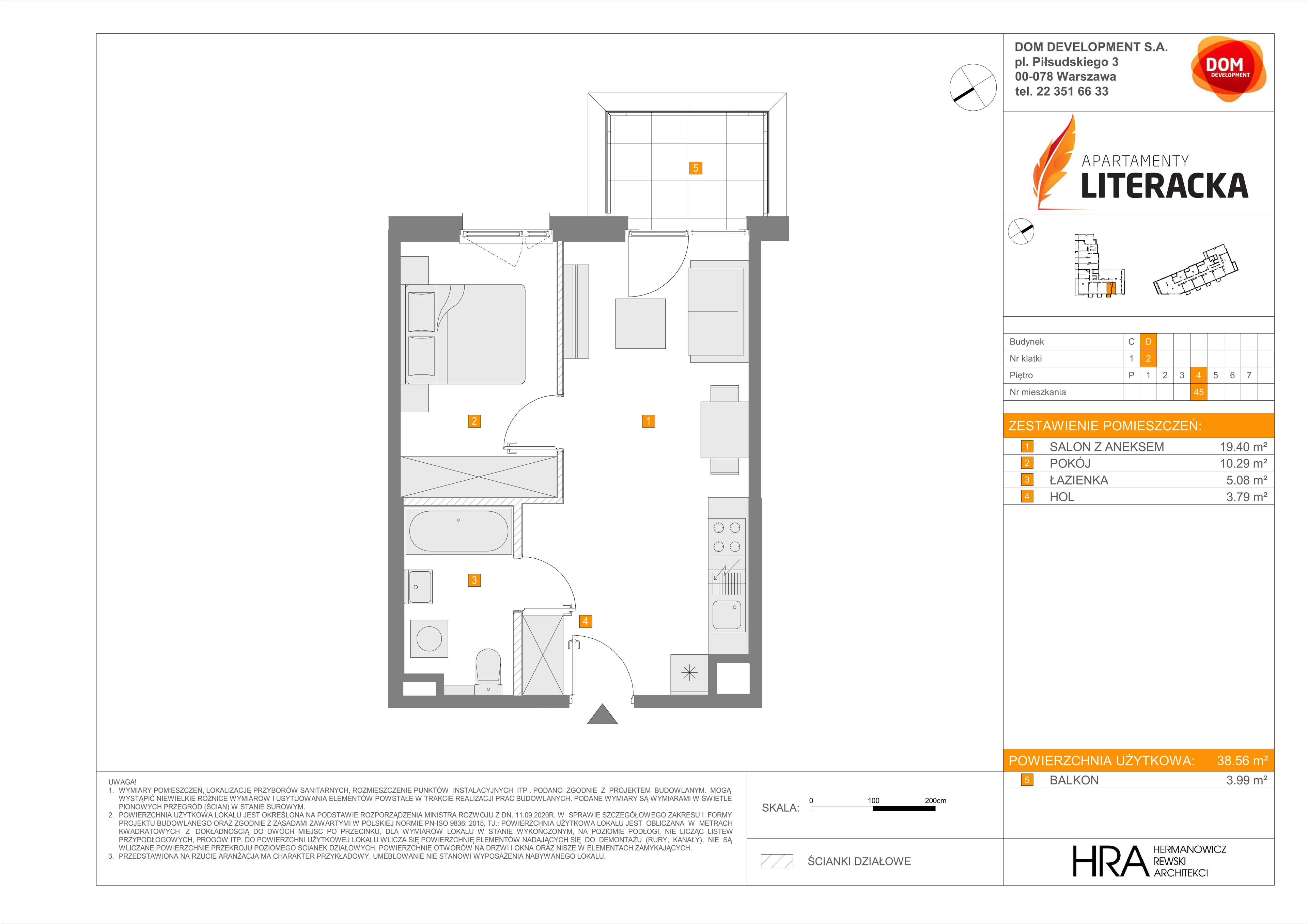 2 pokoje, mieszkanie 38,56 m², piętro 4, oferta nr D/45, Apartamenty Literacka 2, Warszawa, Bielany, Piaski, ul. Literacka