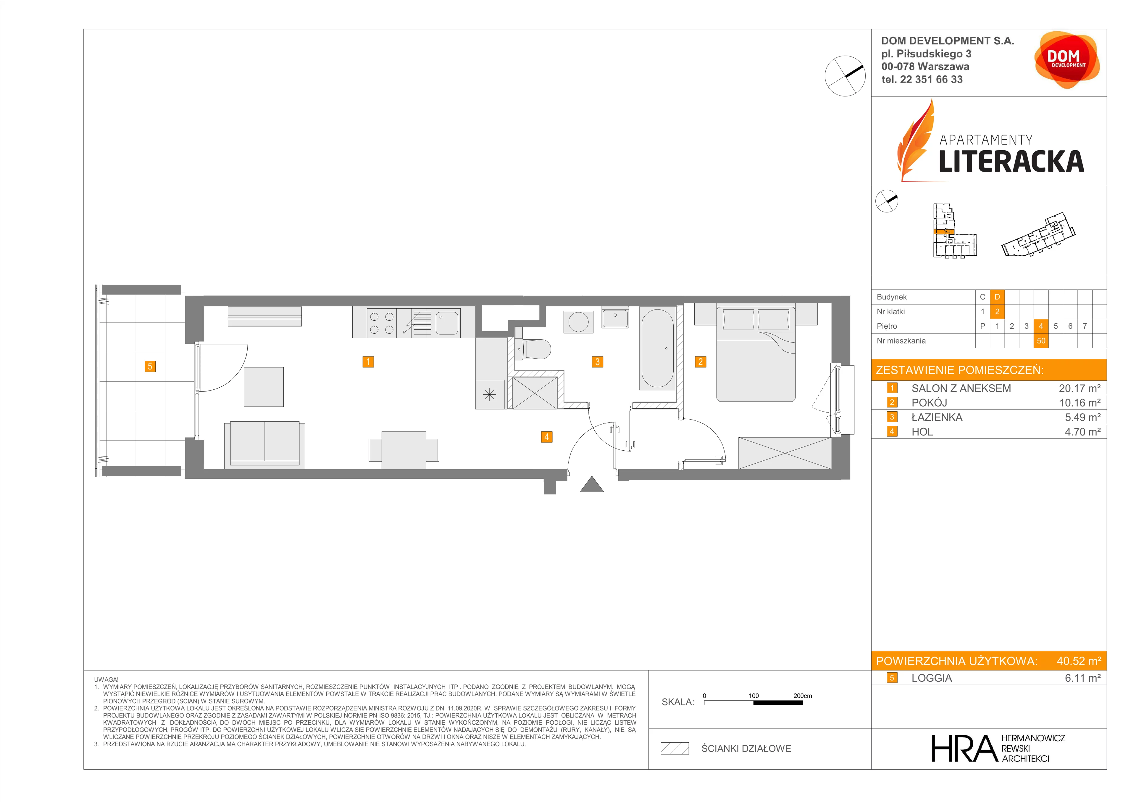 2 pokoje, mieszkanie 40,52 m², piętro 4, oferta nr D/50, Apartamenty Literacka 2, Warszawa, Bielany, Piaski, ul. Literacka