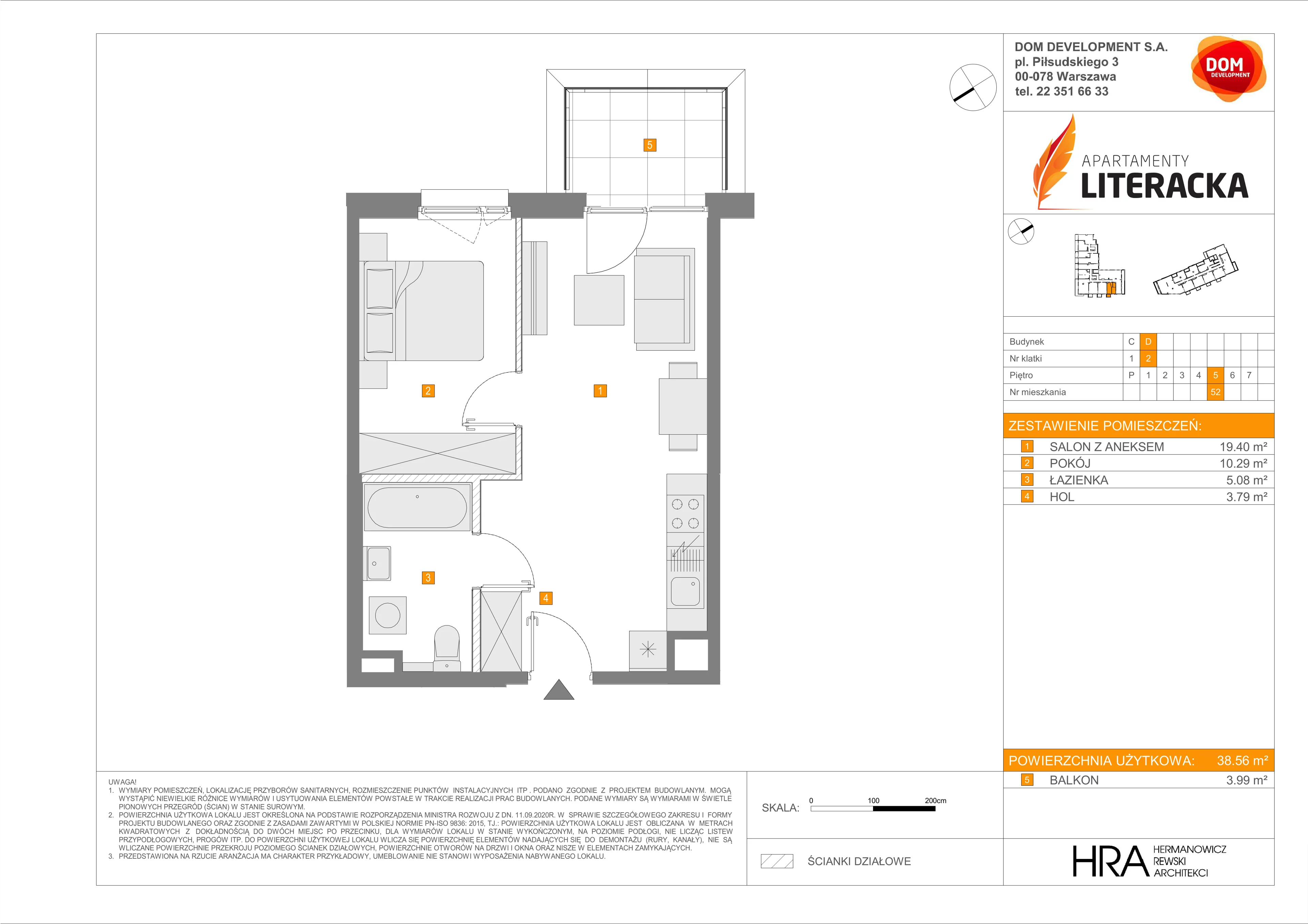 2 pokoje, mieszkanie 38,56 m², piętro 5, oferta nr D/52, Apartamenty Literacka 2, Warszawa, Bielany, Piaski, ul. Literacka