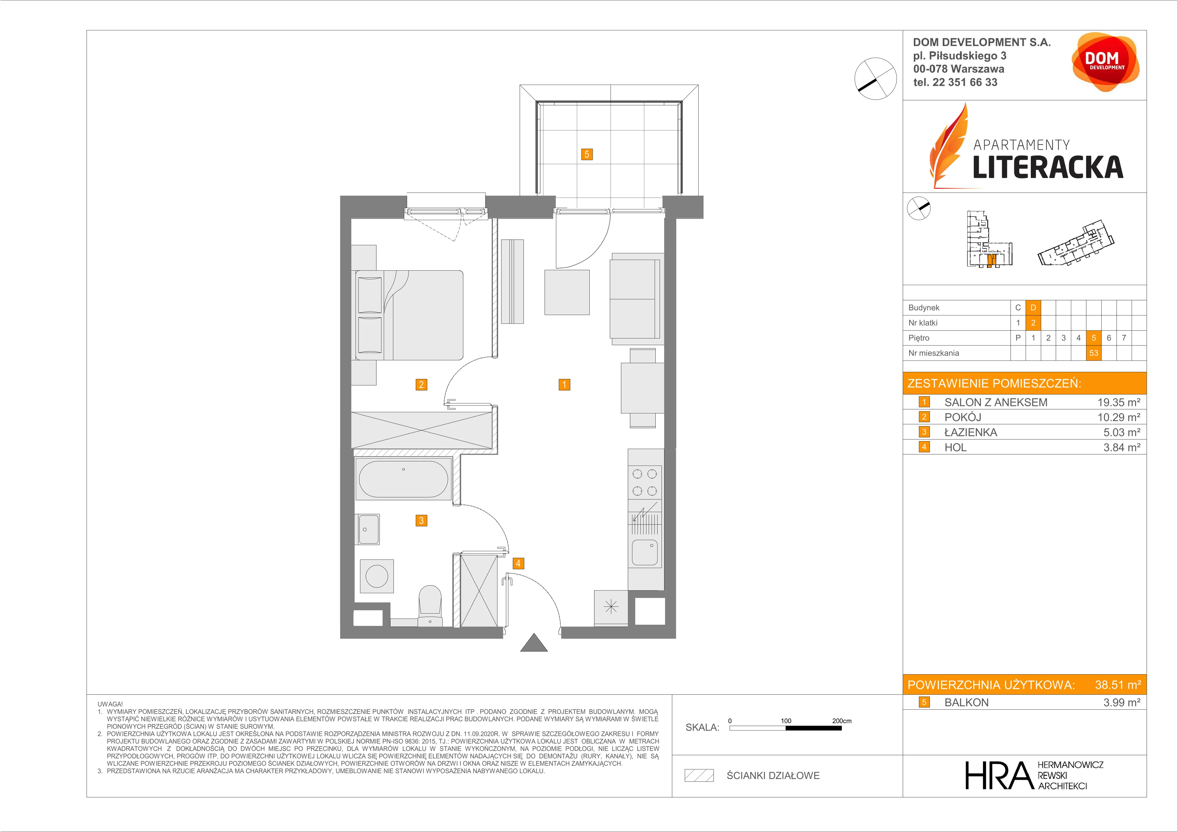 2 pokoje, mieszkanie 38,51 m², piętro 5, oferta nr D/53, Apartamenty Literacka 2, Warszawa, Bielany, Piaski, ul. Literacka