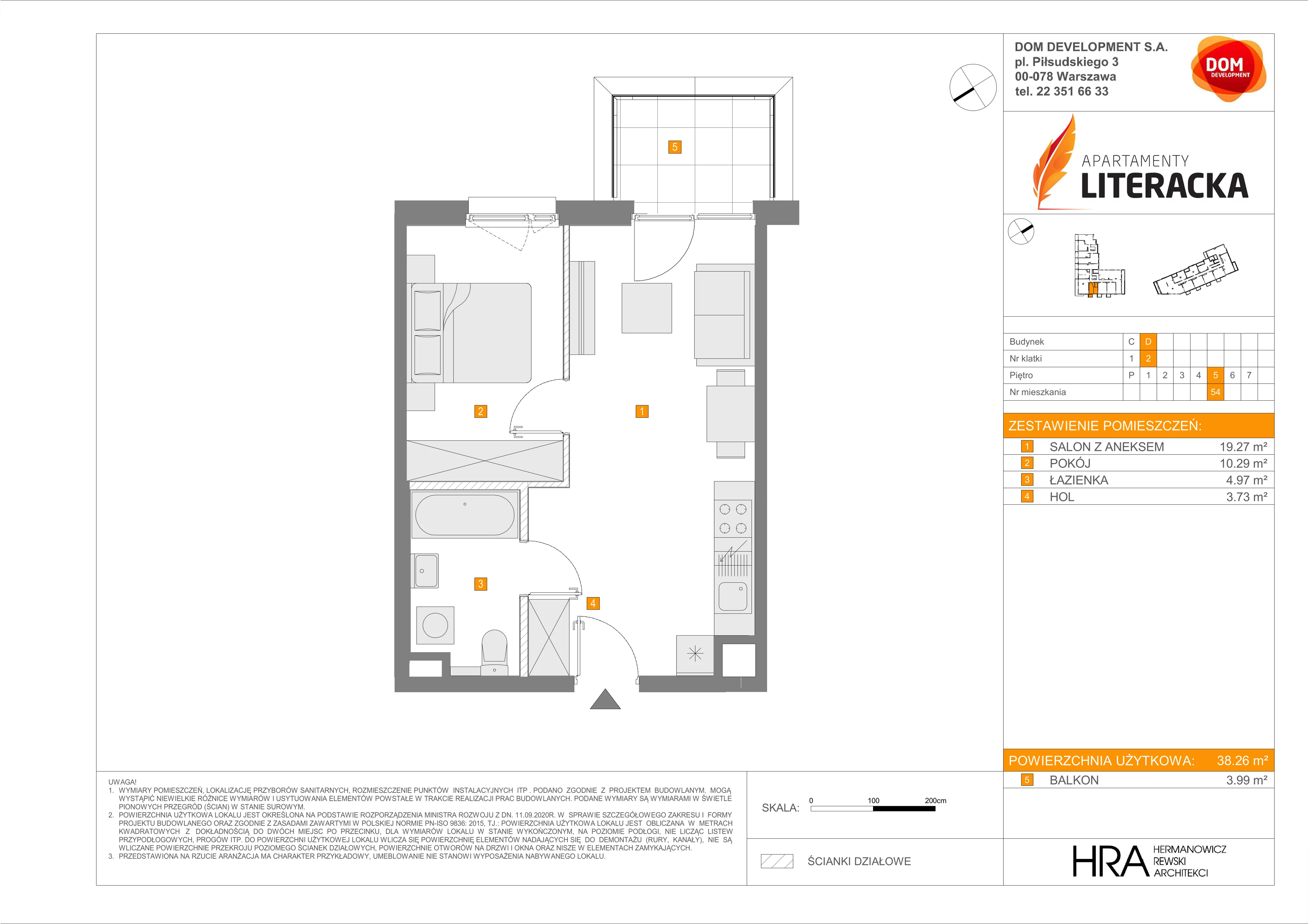 2 pokoje, mieszkanie 38,26 m², piętro 5, oferta nr D/54, Apartamenty Literacka 2, Warszawa, Bielany, Piaski, ul. Literacka