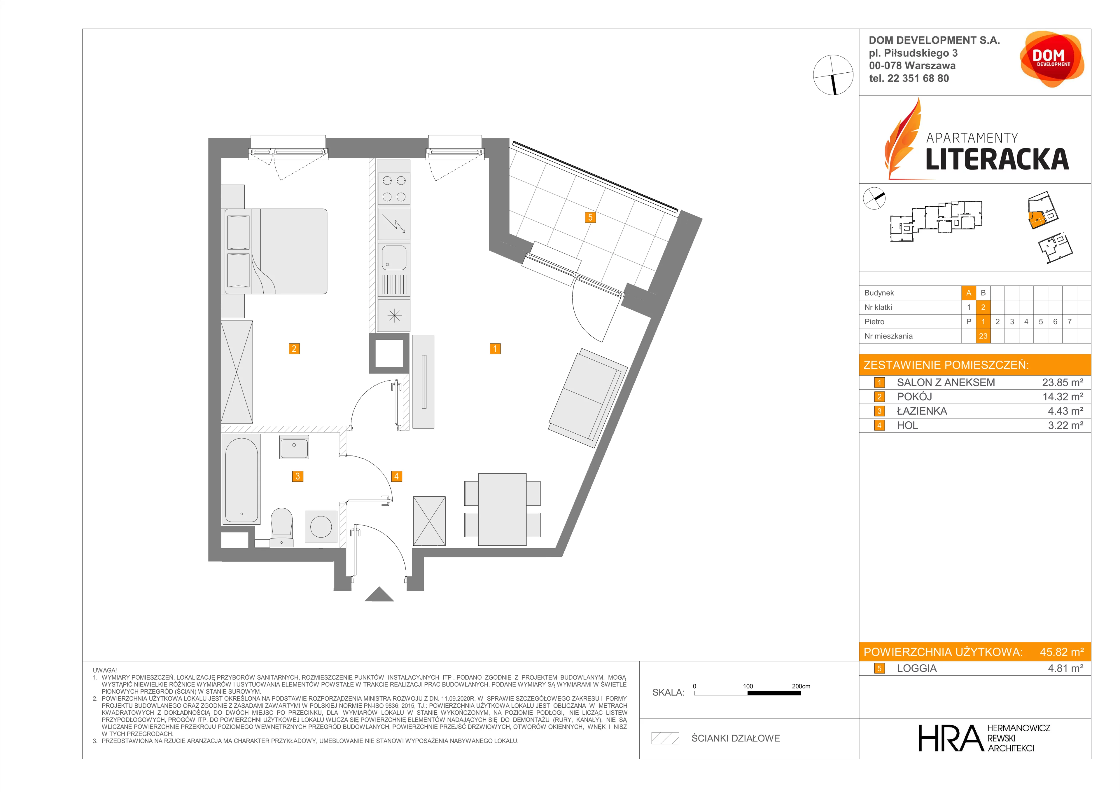2 pokoje, mieszkanie 45,82 m², piętro 1, oferta nr A/23, Apartamenty Literacka, Warszawa, Bielany, Piaski, ul. Literacka