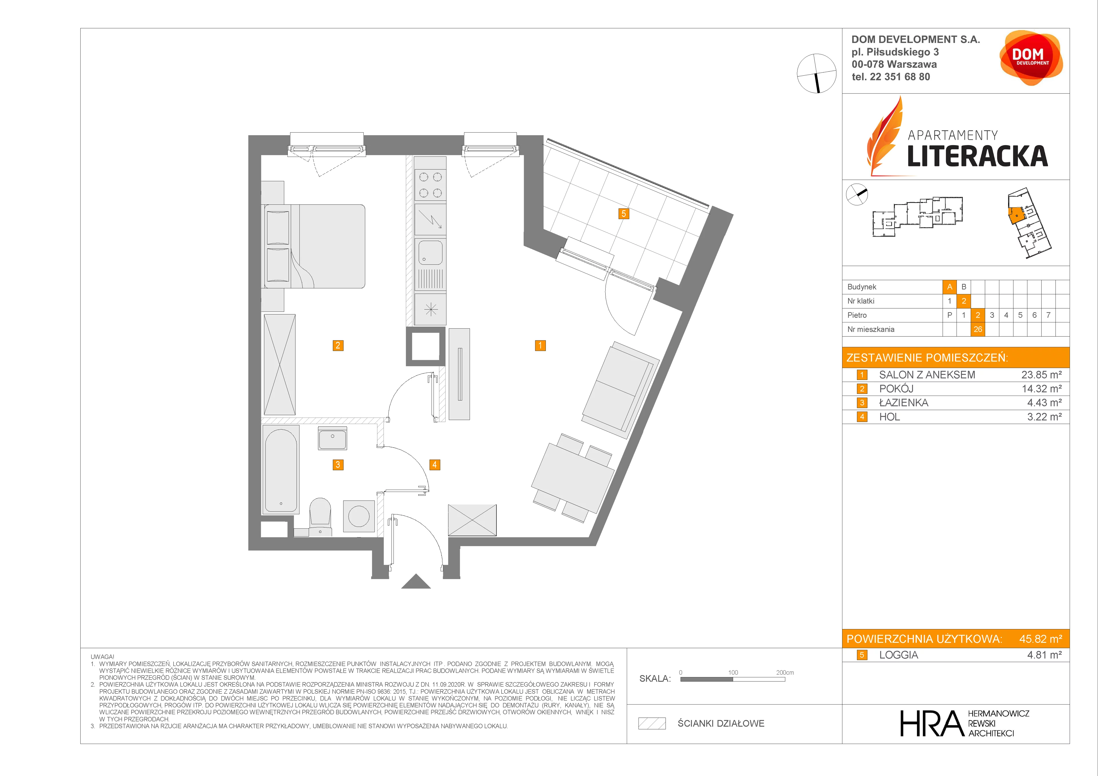 2 pokoje, mieszkanie 45,82 m², piętro 2, oferta nr A/26, Apartamenty Literacka, Warszawa, Bielany, Piaski, ul. Literacka