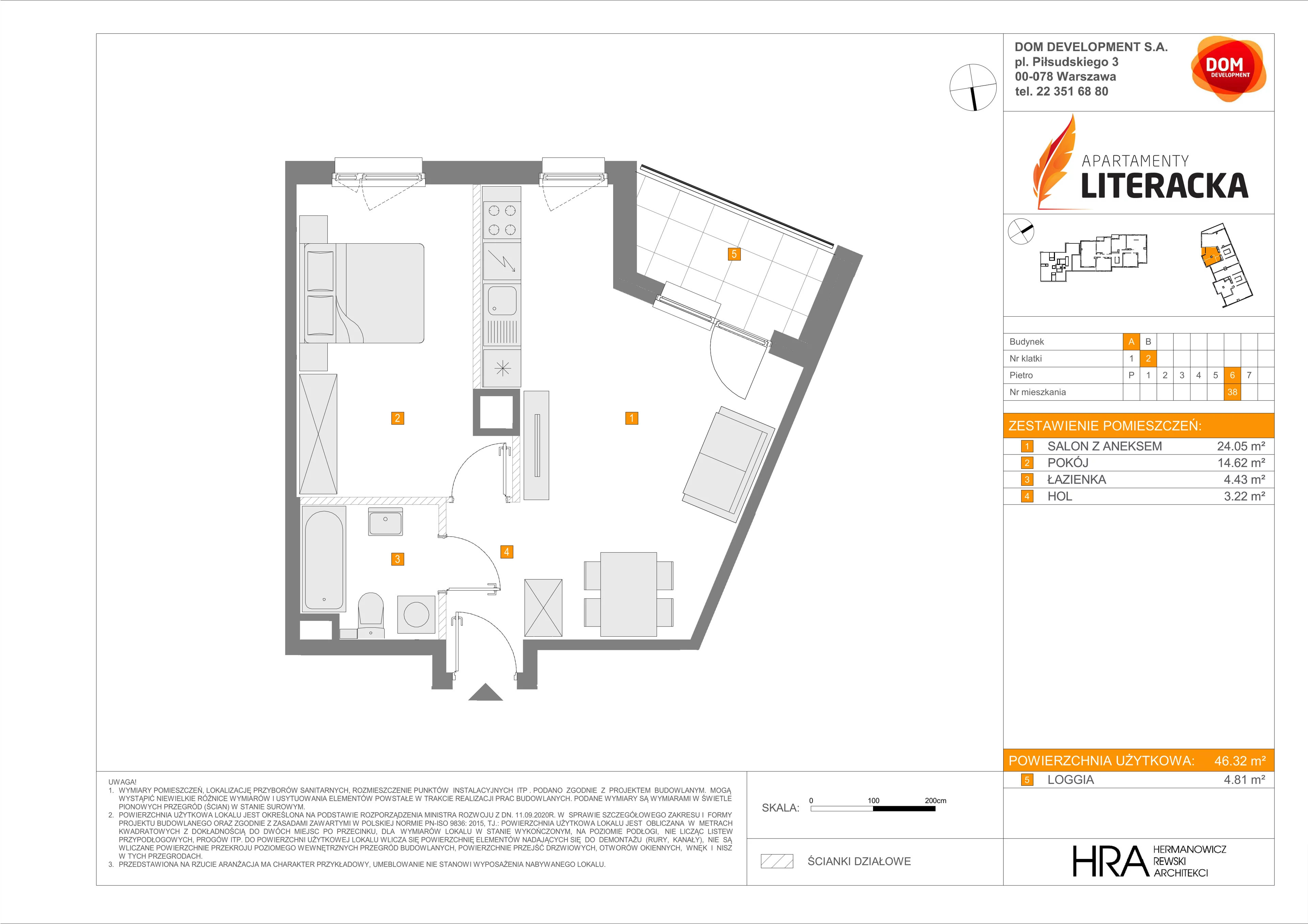 2 pokoje, mieszkanie 46,32 m², piętro 6, oferta nr A/38, Apartamenty Literacka, Warszawa, Bielany, Piaski, ul. Literacka