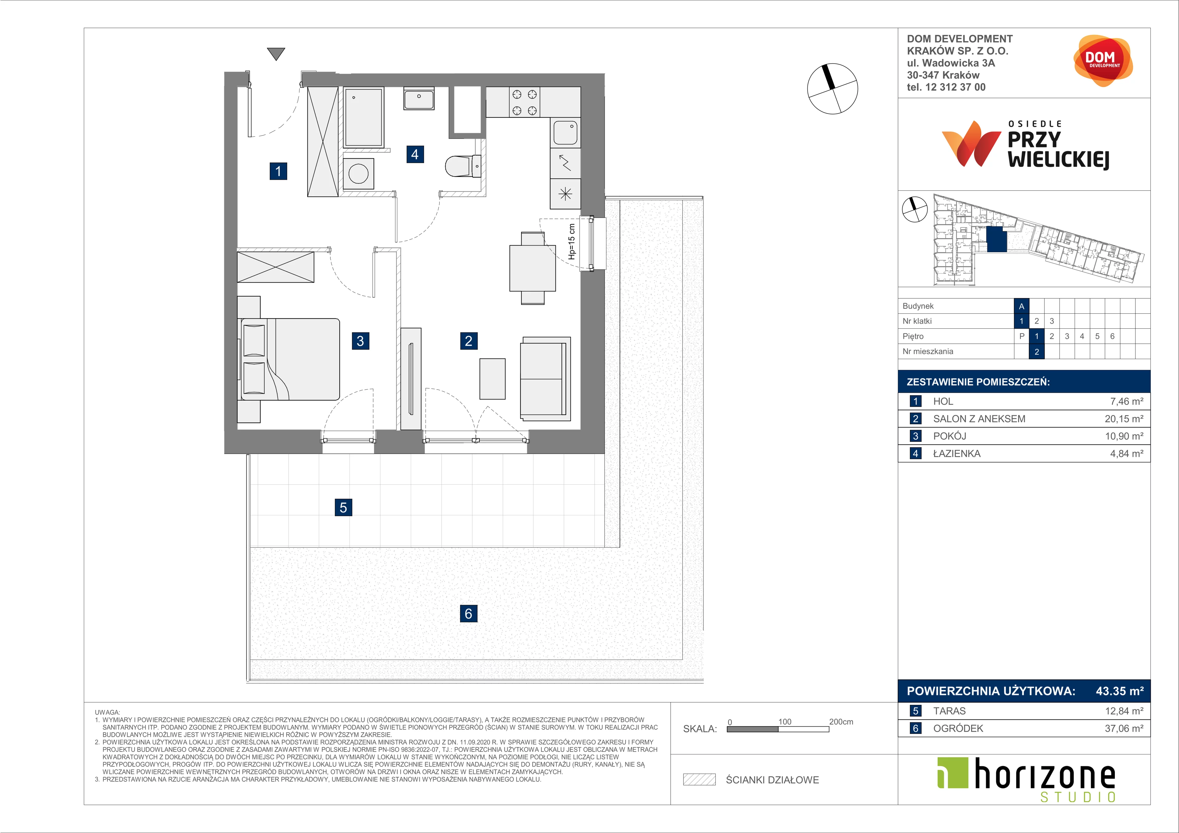 2 pokoje, mieszkanie 43,35 m², piętro 1, oferta nr A/2, Osiedle przy Wielickiej, Kraków, Bieżanów-Prokocim, ul. Marii Orwid 1