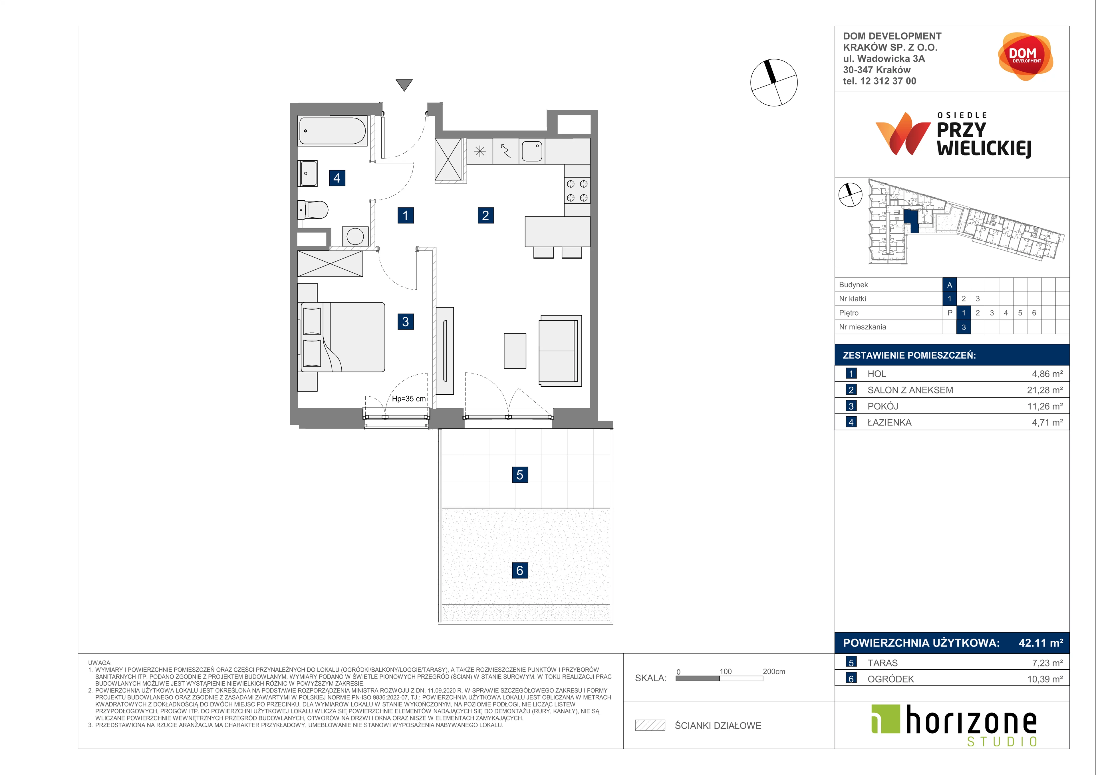 2 pokoje, mieszkanie 42,11 m², piętro 1, oferta nr A/3, Osiedle przy Wielickiej, Kraków, Bieżanów-Prokocim, ul. Marii Orwid 1