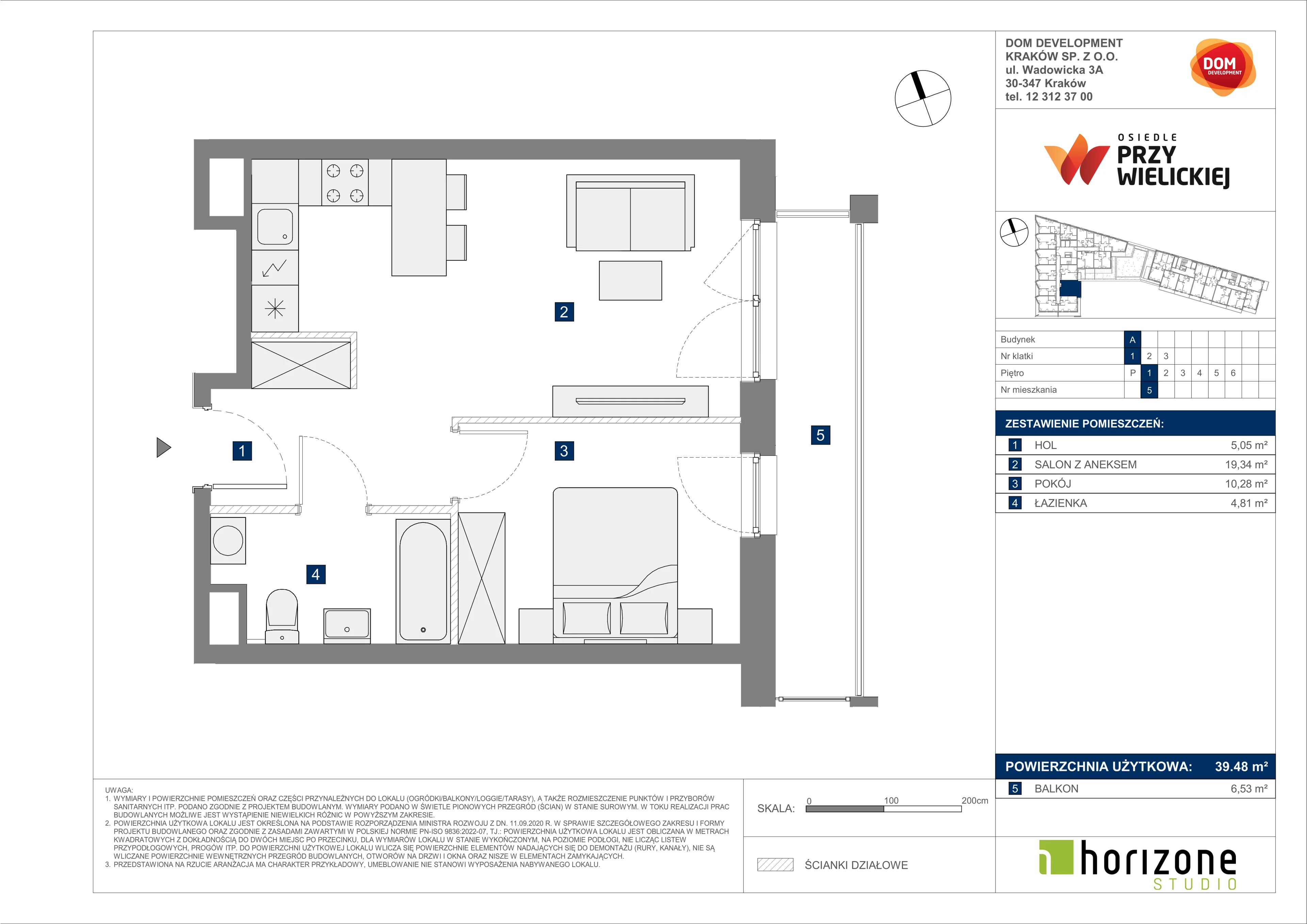 2 pokoje, mieszkanie 39,48 m², piętro 1, oferta nr A/5, Osiedle przy Wielickiej, Kraków, Bieżanów-Prokocim, ul. Marii Orwid 1