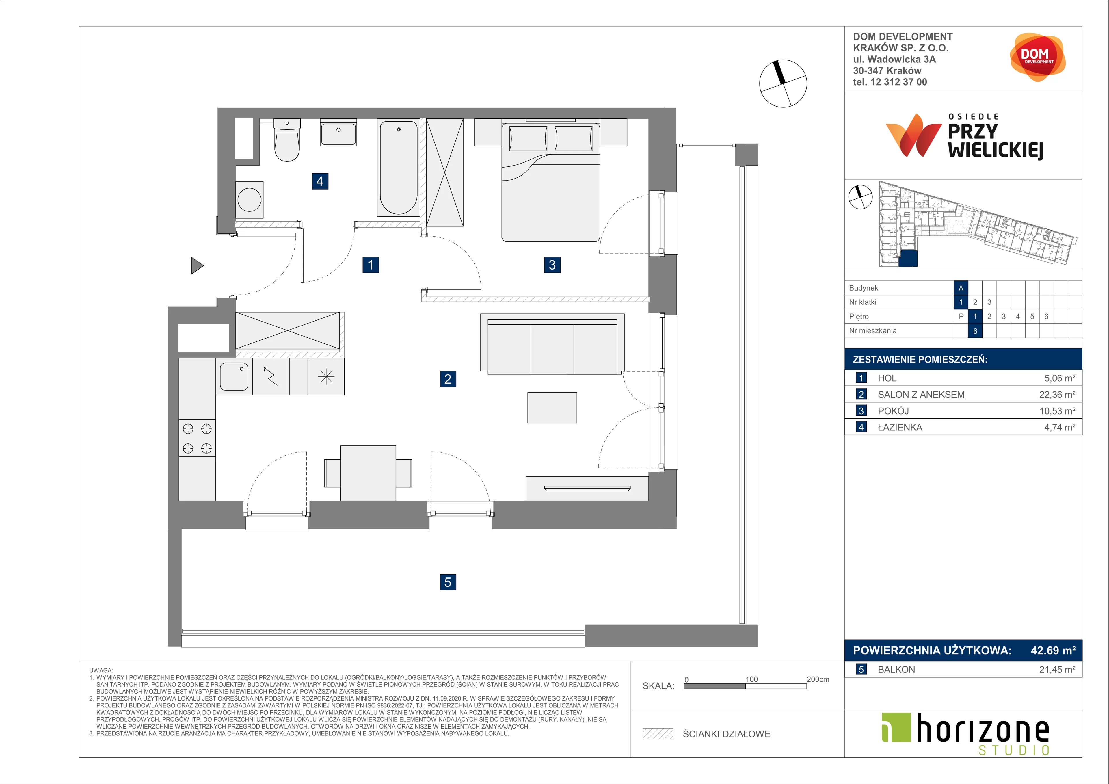2 pokoje, mieszkanie 42,69 m², piętro 1, oferta nr A/6, Osiedle przy Wielickiej, Kraków, Bieżanów-Prokocim, ul. Marii Orwid 1