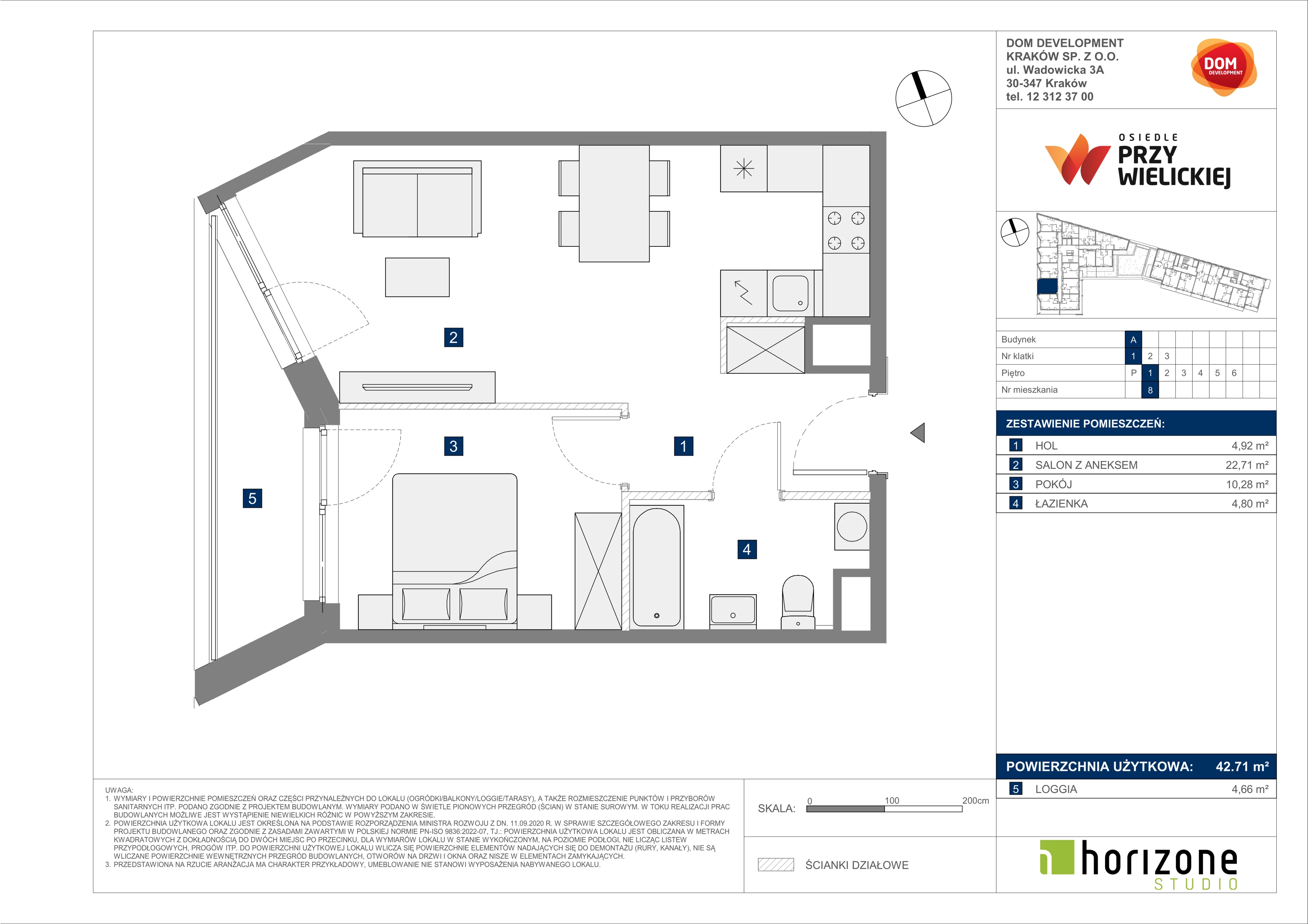 2 pokoje, mieszkanie 42,71 m², piętro 1, oferta nr A/8, Osiedle przy Wielickiej, Kraków, Bieżanów-Prokocim, ul. Marii Orwid 1