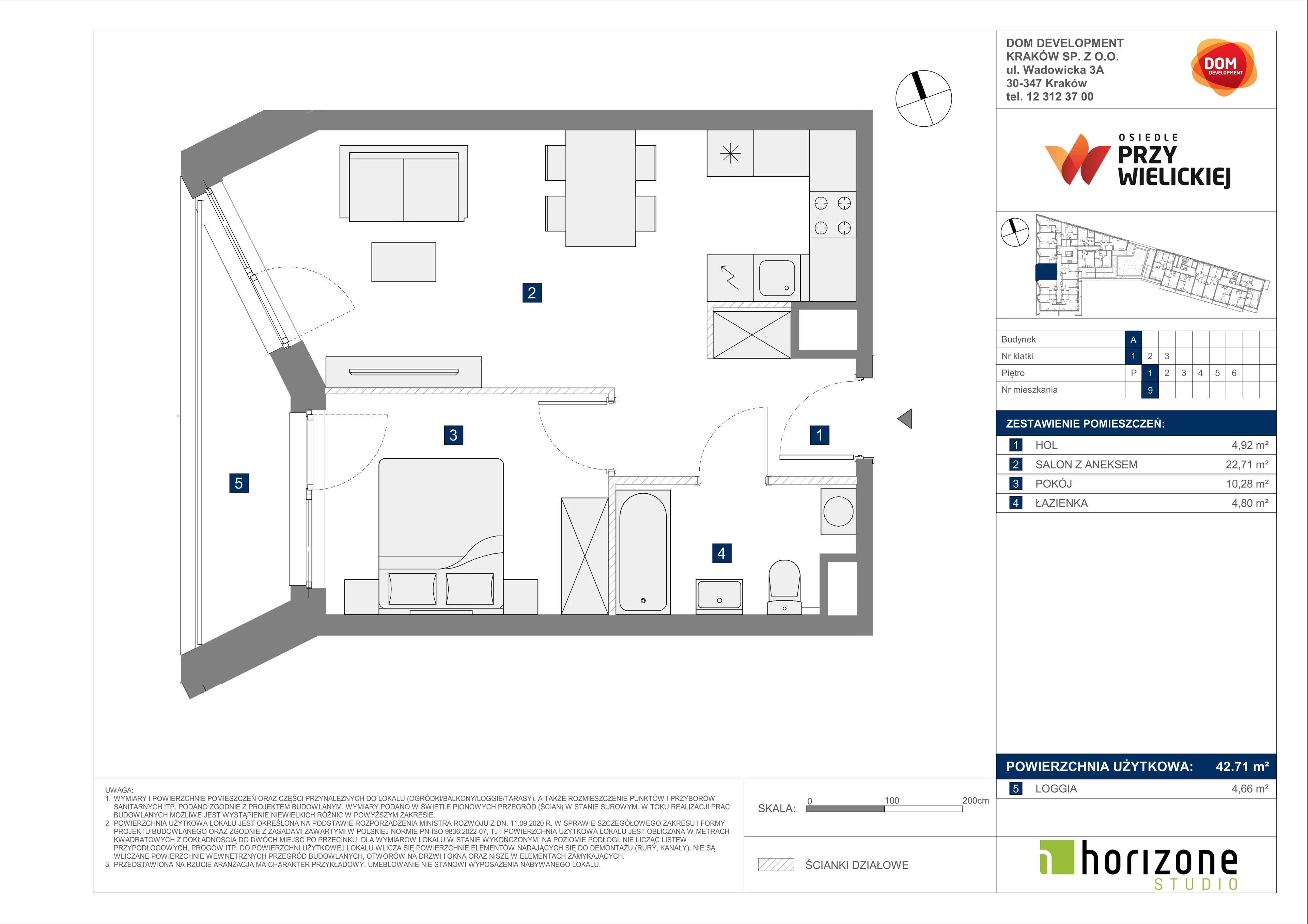 2 pokoje, mieszkanie 42,71 m², piętro 1, oferta nr A/9, Osiedle przy Wielickiej, Kraków, Bieżanów-Prokocim, ul. Marii Orwid 1