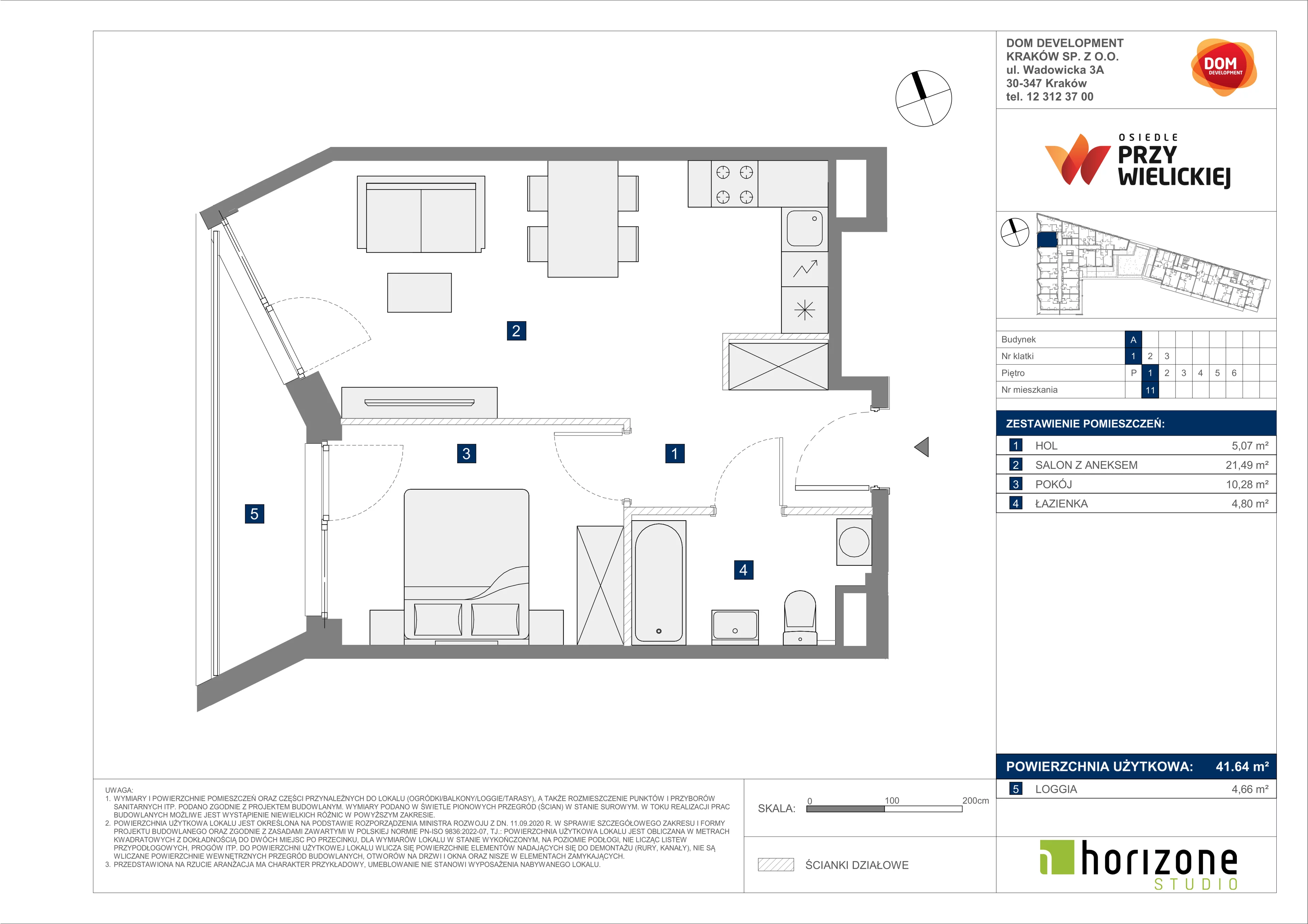 2 pokoje, mieszkanie 41,64 m², piętro 1, oferta nr A/11, Osiedle przy Wielickiej, Kraków, Bieżanów-Prokocim, ul. Marii Orwid 1