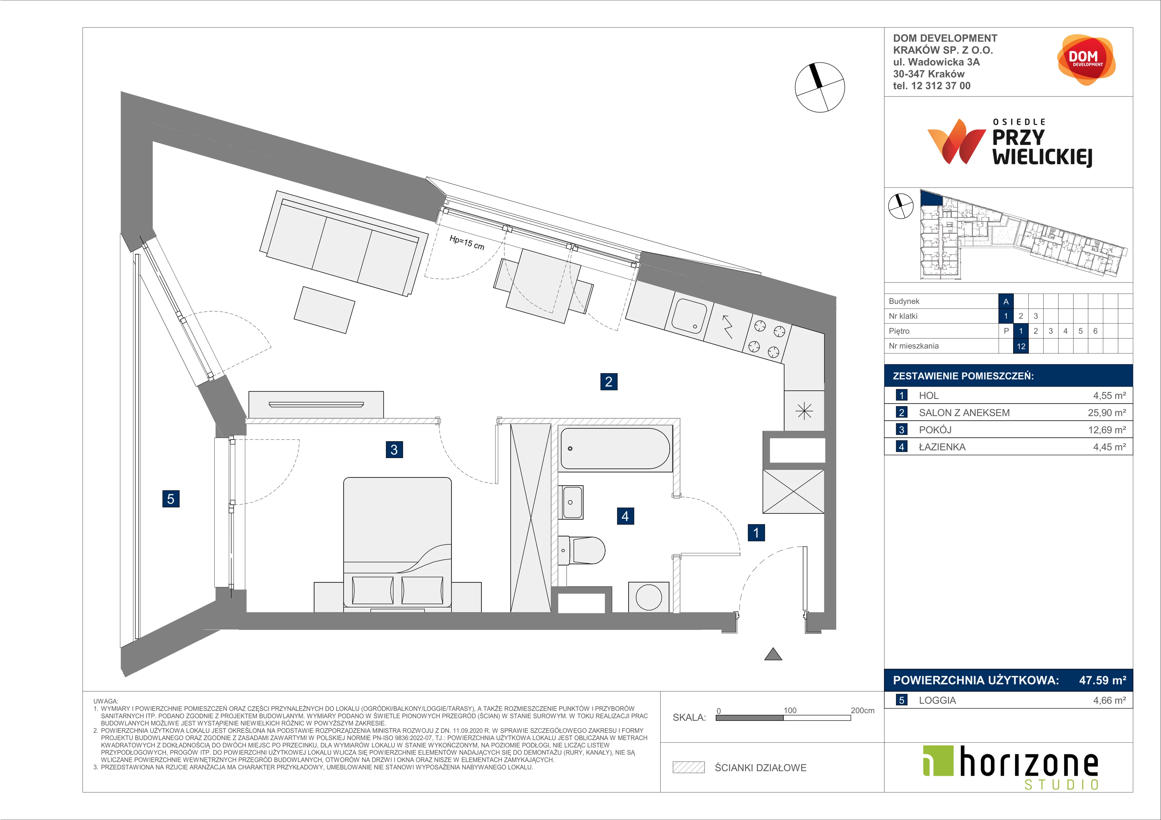 2 pokoje, mieszkanie 47,59 m², piętro 1, oferta nr A/12, Osiedle przy Wielickiej, Kraków, Bieżanów-Prokocim, ul. Marii Orwid 1