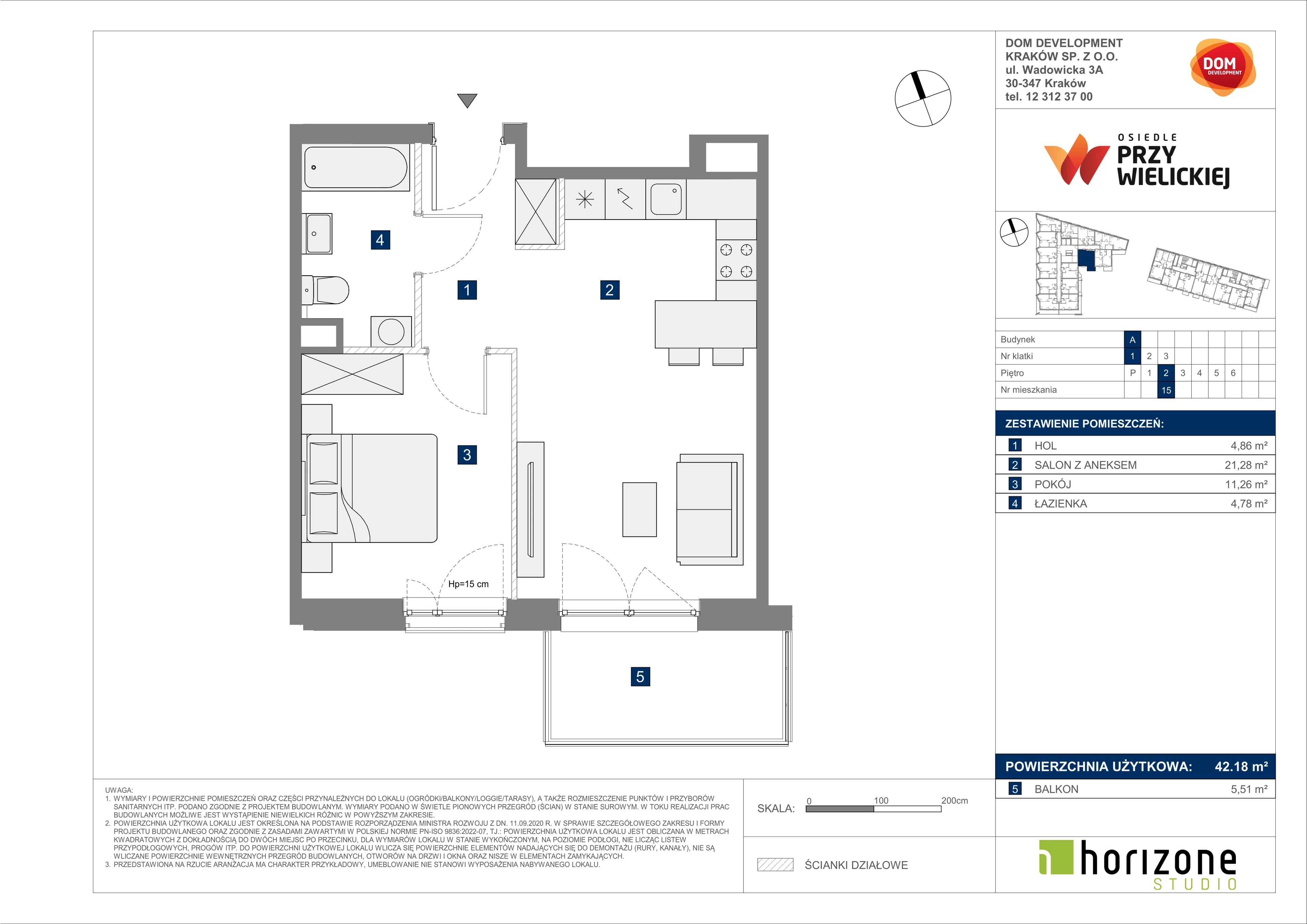 2 pokoje, mieszkanie 42,18 m², piętro 2, oferta nr A/15, Osiedle przy Wielickiej, Kraków, Bieżanów-Prokocim, ul. Marii Orwid 1