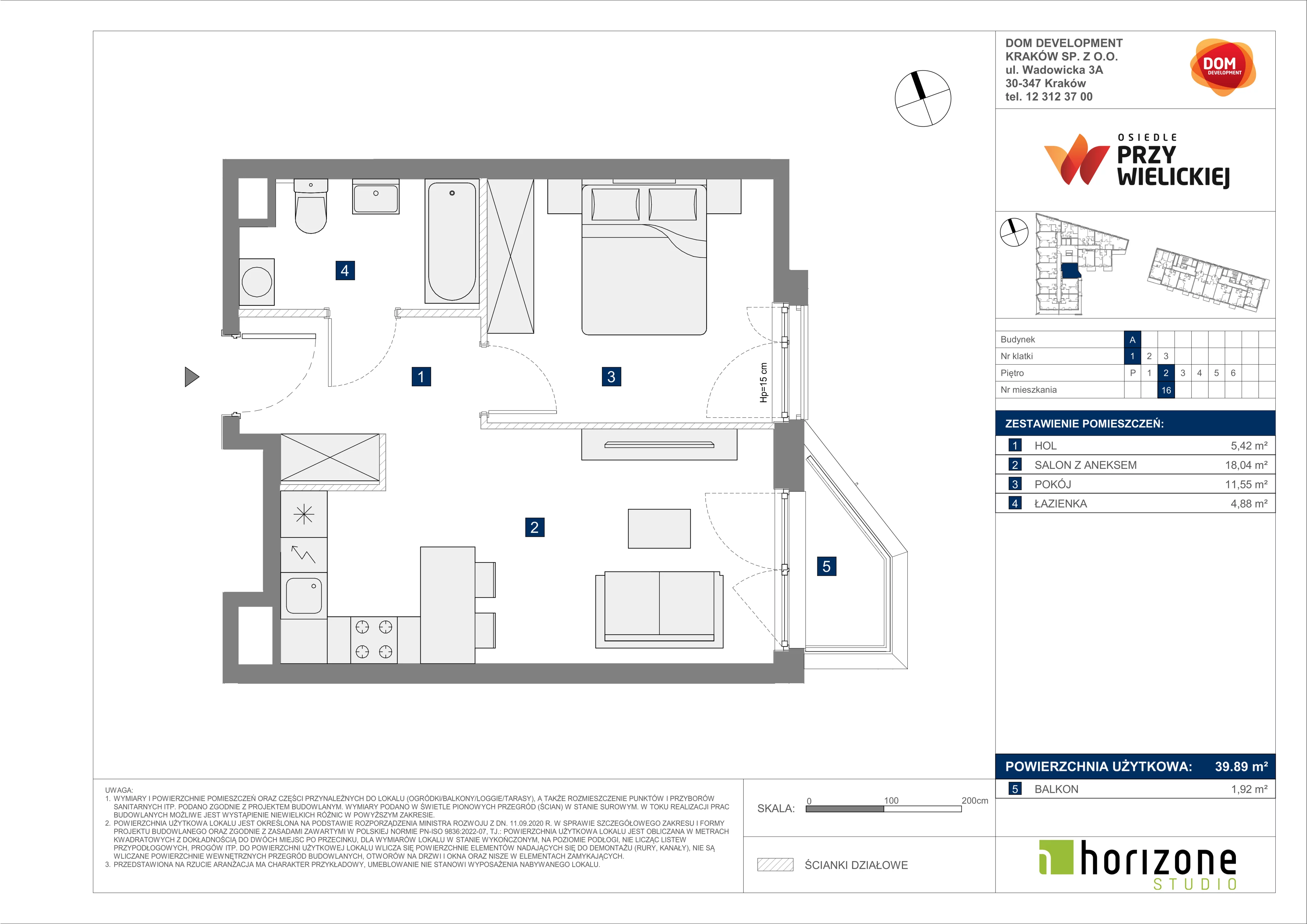 2 pokoje, mieszkanie 39,89 m², piętro 2, oferta nr A/16, Osiedle przy Wielickiej, Kraków, Bieżanów-Prokocim, ul. Marii Orwid 1